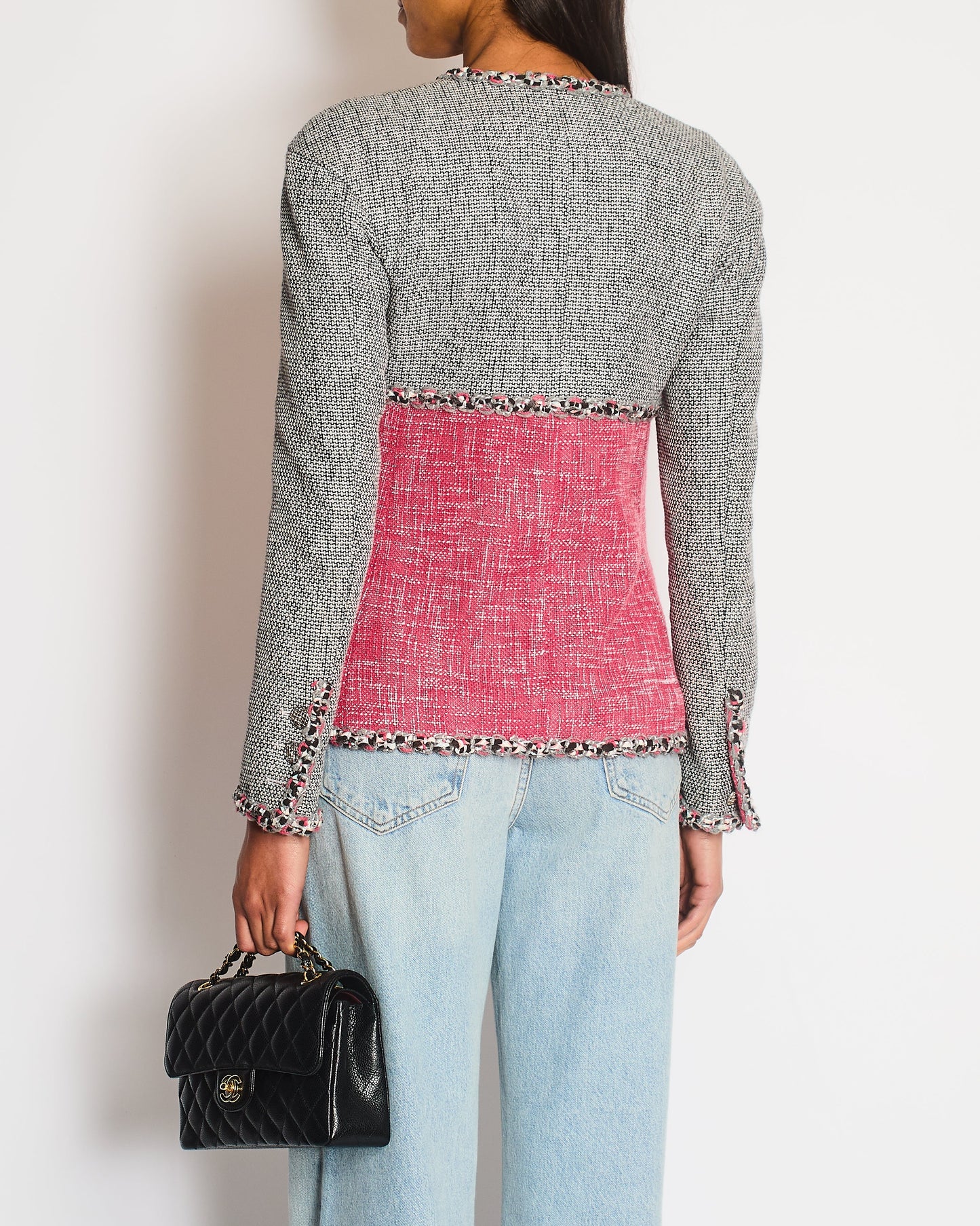Chanel Pink and Grey Braided Trim Tweed Jacket with CC Logo Button Detailing Size FR 36 (UK 8)