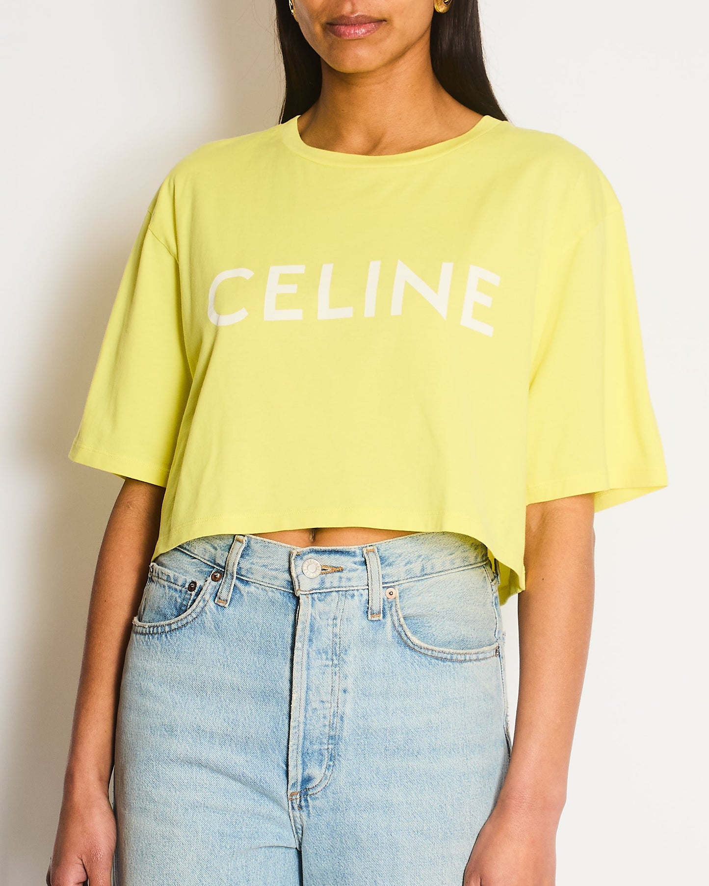 Celine Yellow Cropped Logo T-Shirt Size M (UK 8/10)