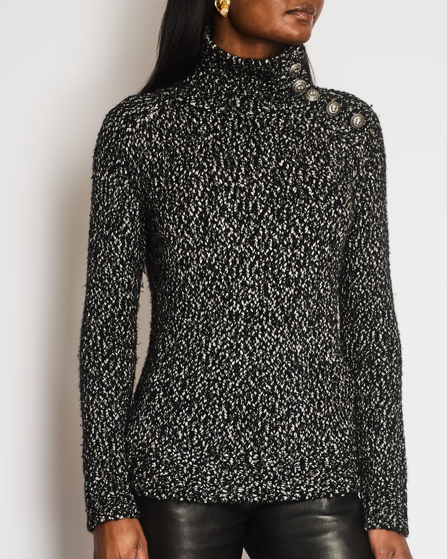 Balmain Black and White Knitted High-Neck Jumper with Silver Lion Buttons Size FR 36 (UK 8)