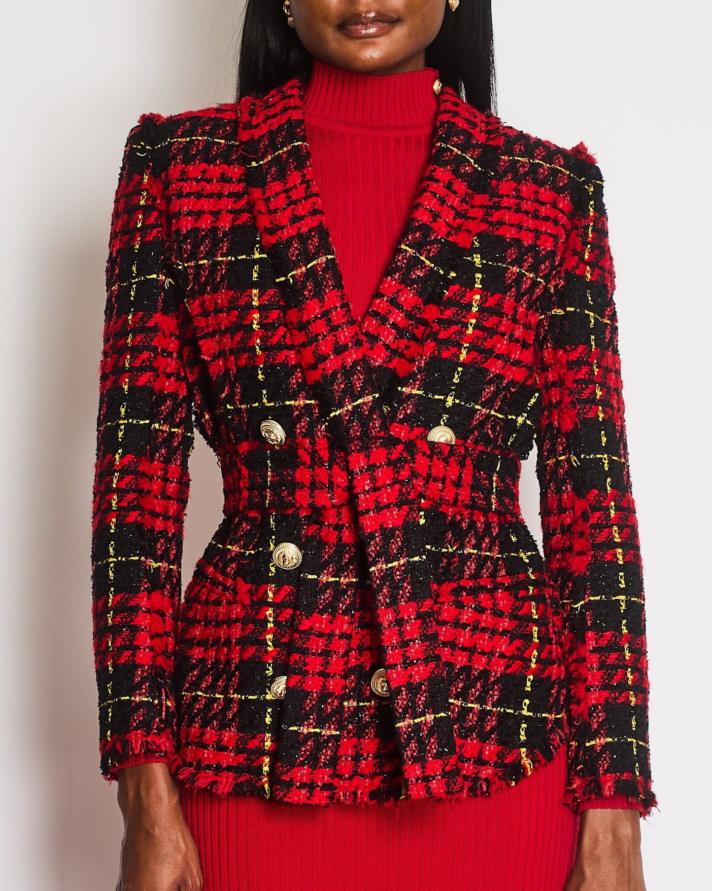 Balmain Red and Black Tweed Belted Double-Breasted Blazer Jacket with Gold Lion Buttons Size FR 36 (UK 8)