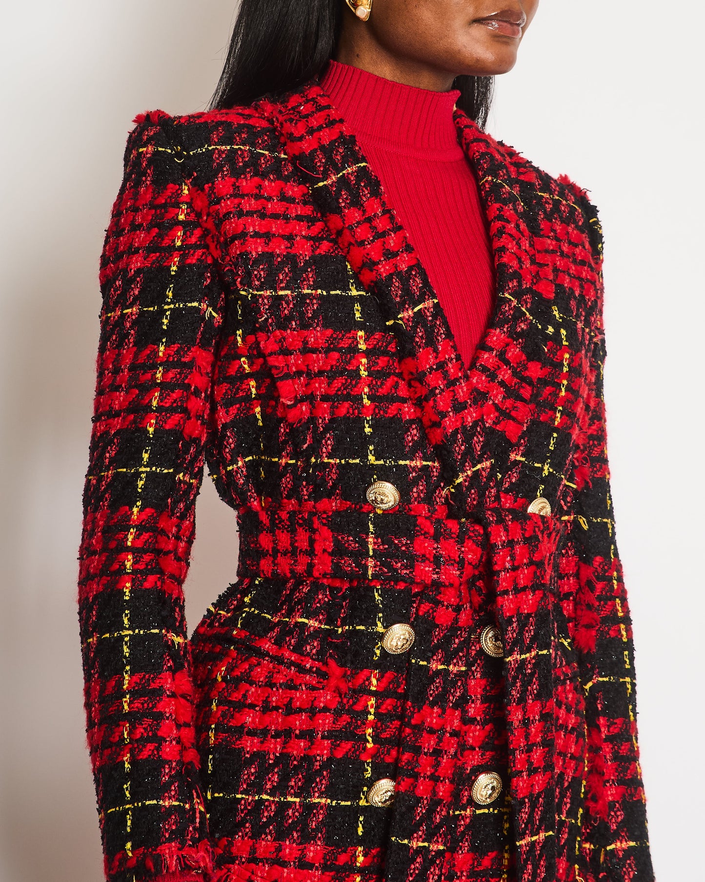 Balmain Red and Black Tweed Belted Double-Breasted Blazer Jacket with Gold Lion Buttons Size FR 36 (UK 8)