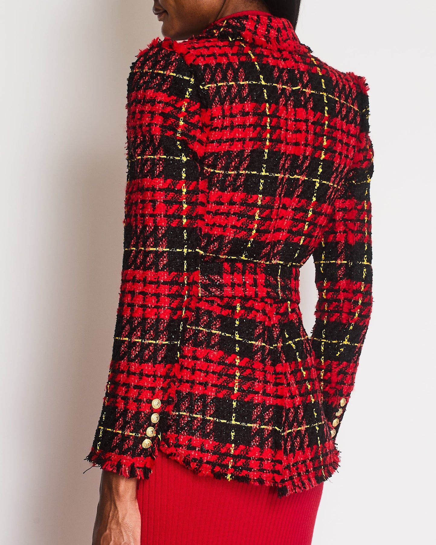 Balmain Red and Black Tweed Belted Double-Breasted Blazer Jacket with Gold Lion Buttons Size FR 36 (UK 8)