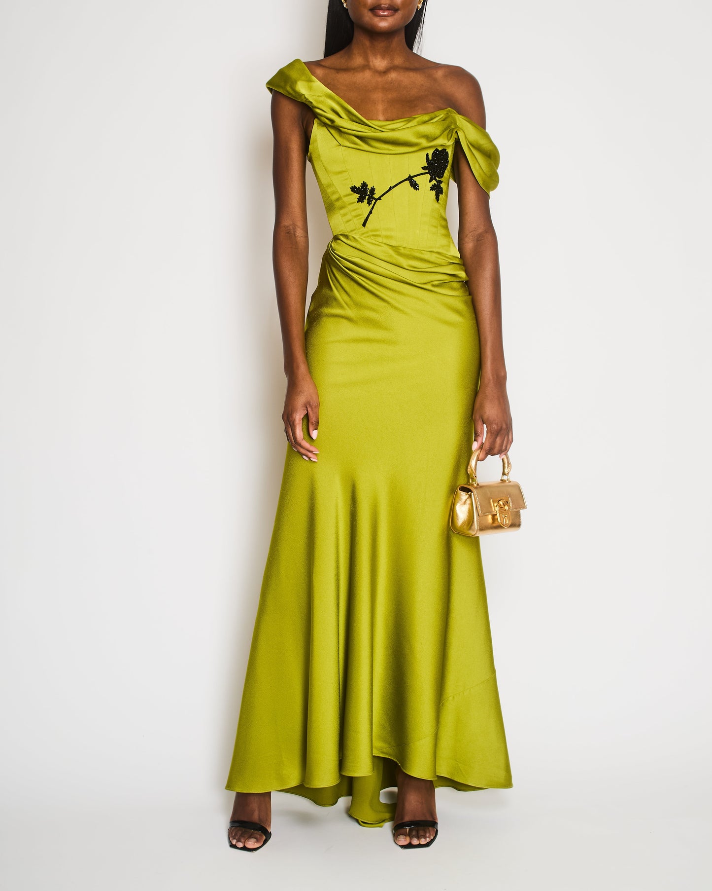 Clio Peppiatt Corset Paloma Green with Black Embroidery Detail Maxi Dress Size S (UK 4/6) RRP £2450