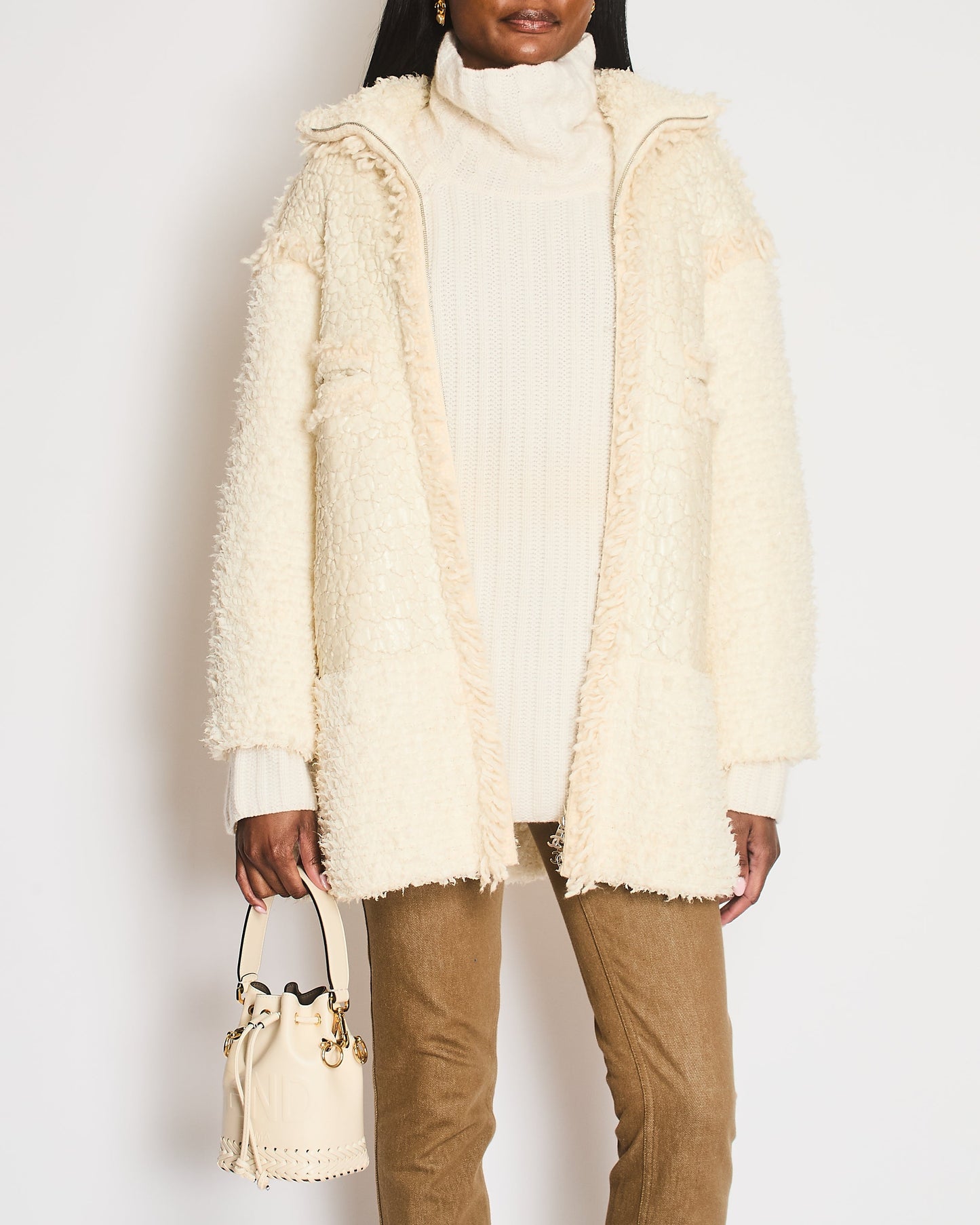Chanel Fall 2010 White Textured Shearling Coat with Front Pockets and Silver CC Logo Zipper Detail Size FR 38 (UK 10)