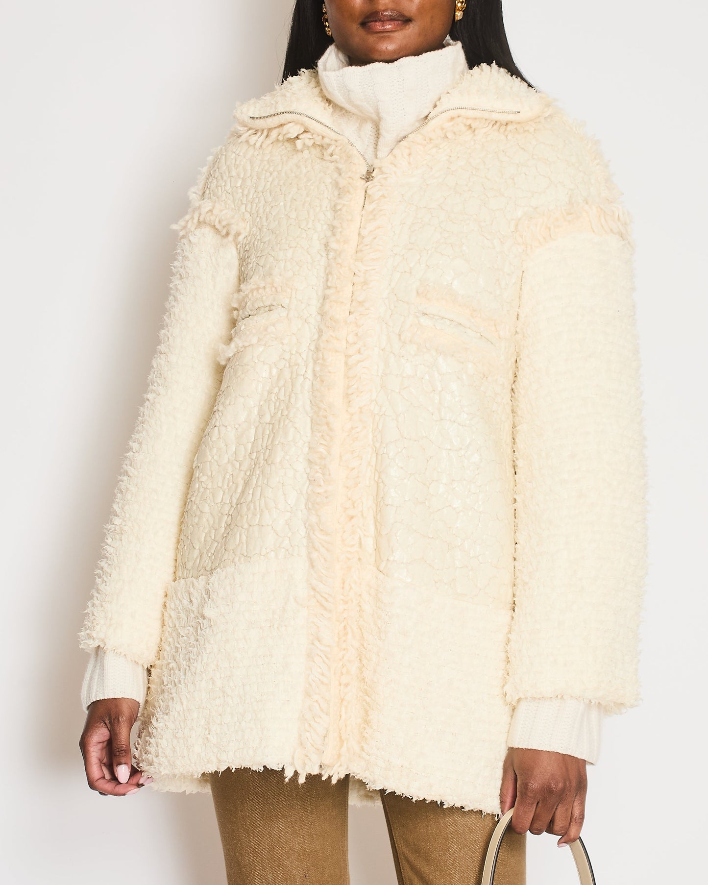 Chanel Fall 2010 White Textured Shearling Coat with Front Pockets and Silver CC Logo Zipper Detail Size FR 38 (UK 10)