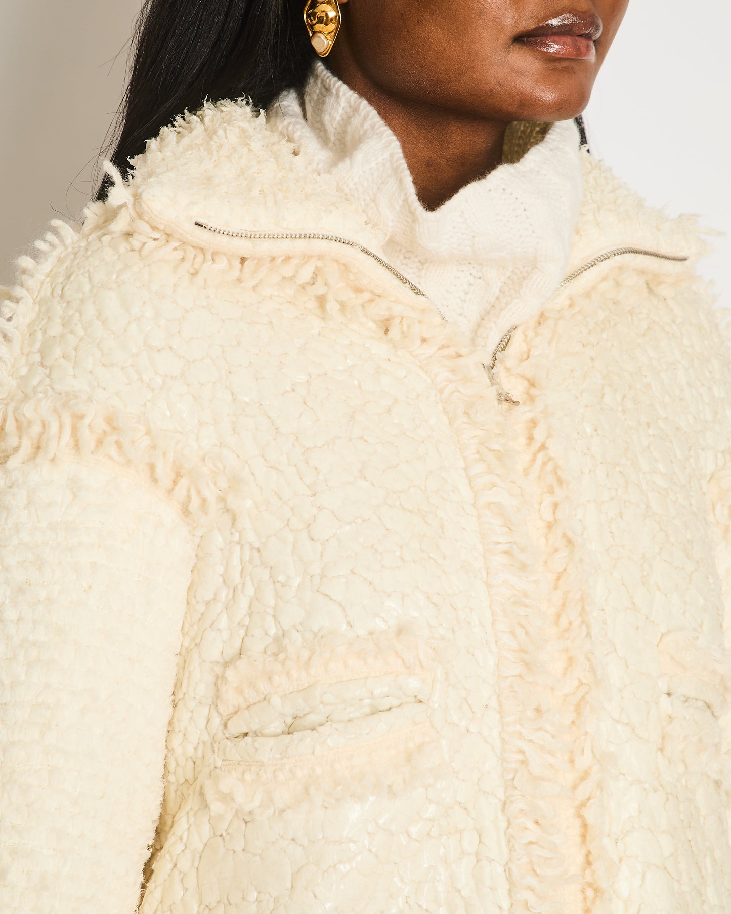 Chanel Fall 2010 White Textured Shearling Coat with Front Pockets and Silver CC Logo Zipper Detail Size FR 38 (UK 10)