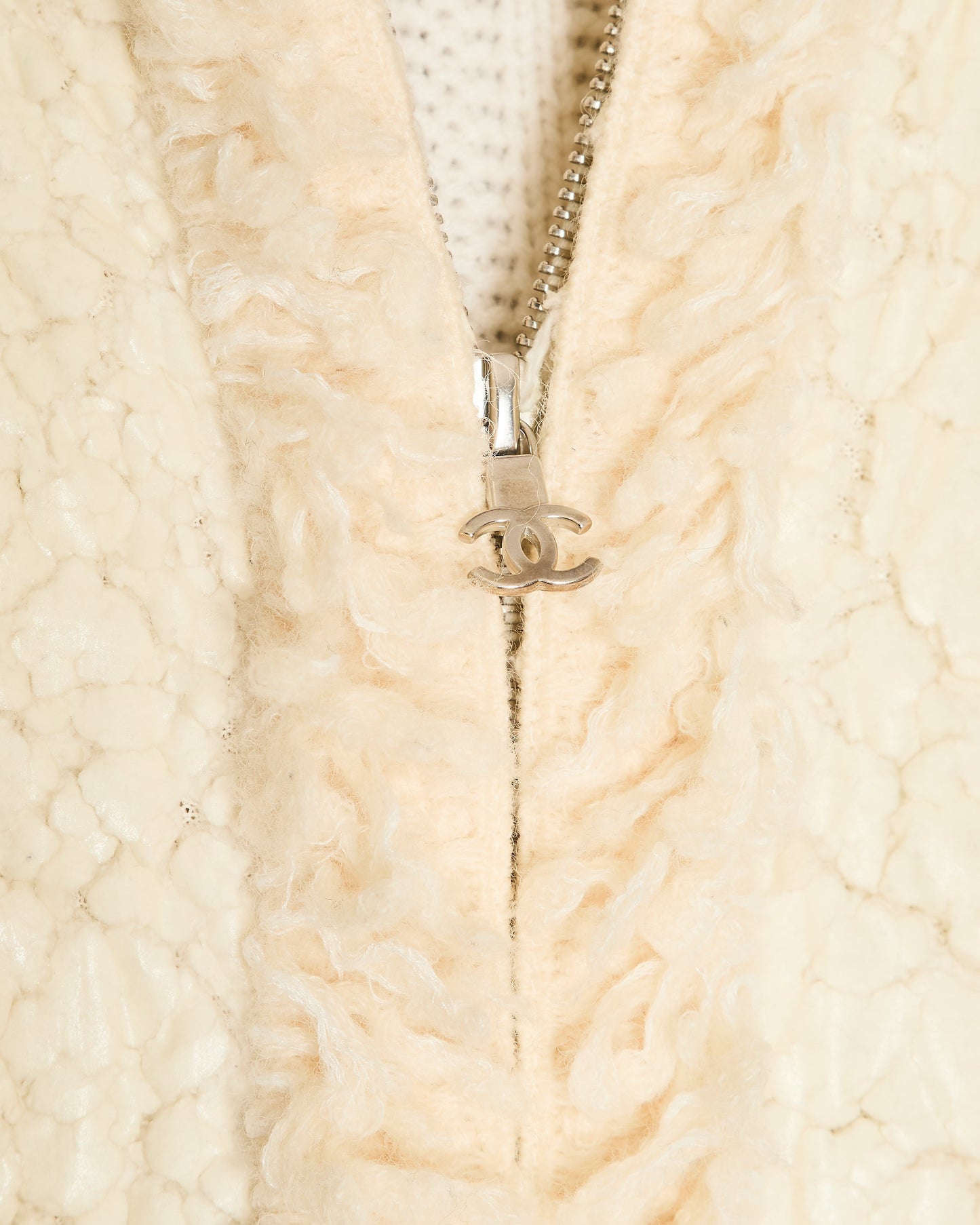 Chanel Fall 2010 White Textured Shearling Coat with Front Pockets and Silver CC Logo Zipper Detail Size FR 38 (UK 10)