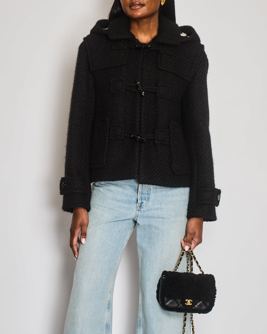 Chanel 21B Black Wool Jacket with Logo Hood and Black and Silver Metallic CC Logo Buttons Size FR 36 (UK 8)