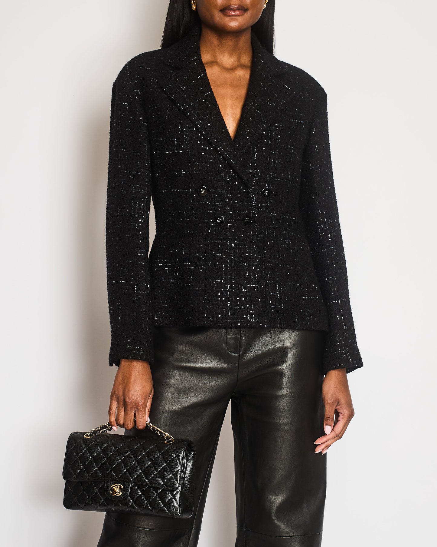 Chanel 25 Black and Grey Check Tweed Jacket with Sequins, Pockets and Crystal Logo Buttons Size FR 40 (UK 12)