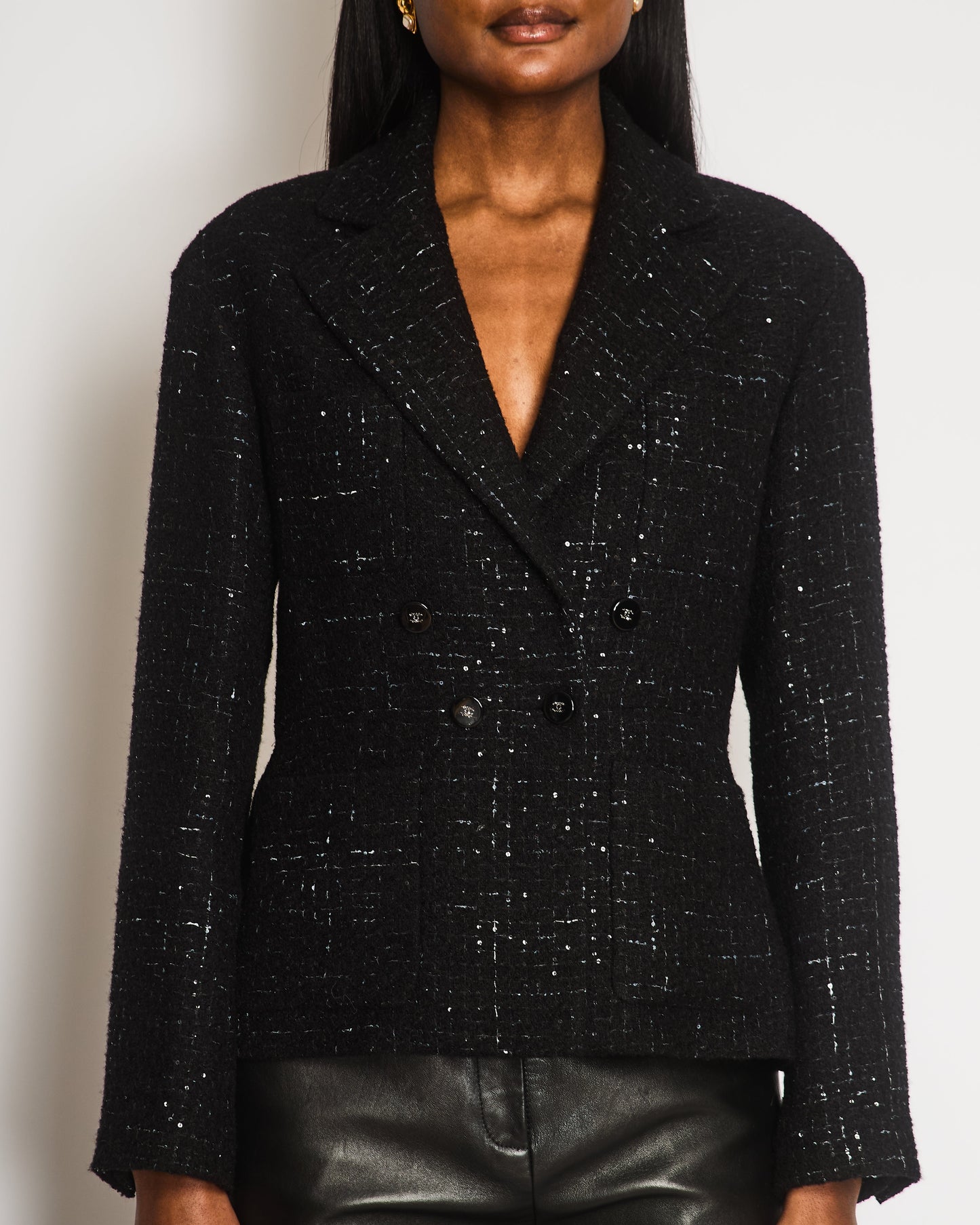 Chanel 25 Black and Grey Check Tweed Jacket with Sequins, Pockets and Crystal Logo Buttons Size FR 40 (UK 12)