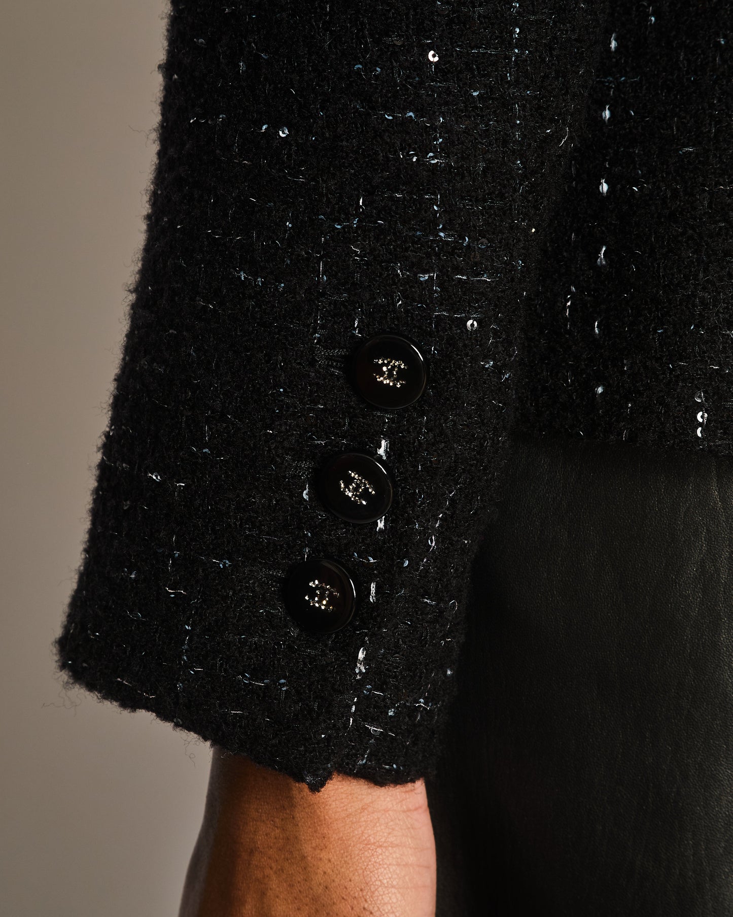 Chanel 25 Black and Grey Check Tweed Jacket with Sequins, Pockets and Crystal Logo Buttons Size FR 40 (UK 12)