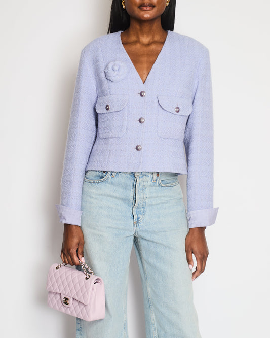 Chanel 24A Lilac Tweed Jacket with Pockets, Silk Cuff Details and Camelia Pin Size FR 40 (UK 12)