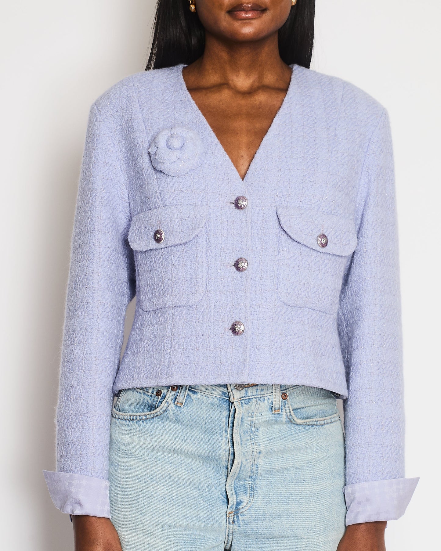 Chanel 24A Lilac Tweed Jacket with Pockets, Silk Cuff Details and Camelia Pin Size FR 40 (UK 12)