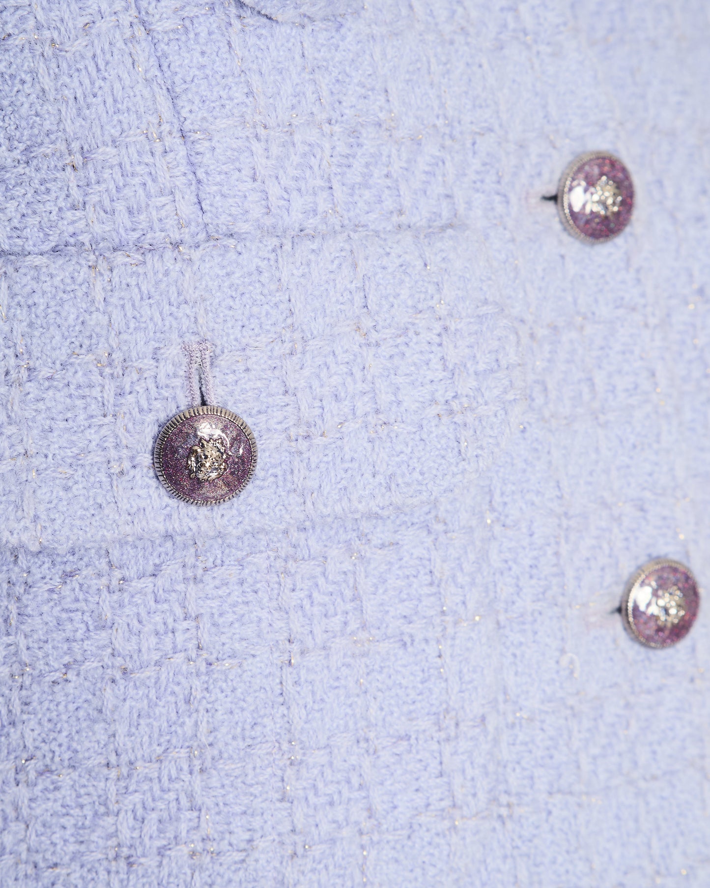Chanel 24A Lilac Tweed Jacket with Pockets, Silk Cuff Details and Camelia Pin Size FR 40 (UK 12)