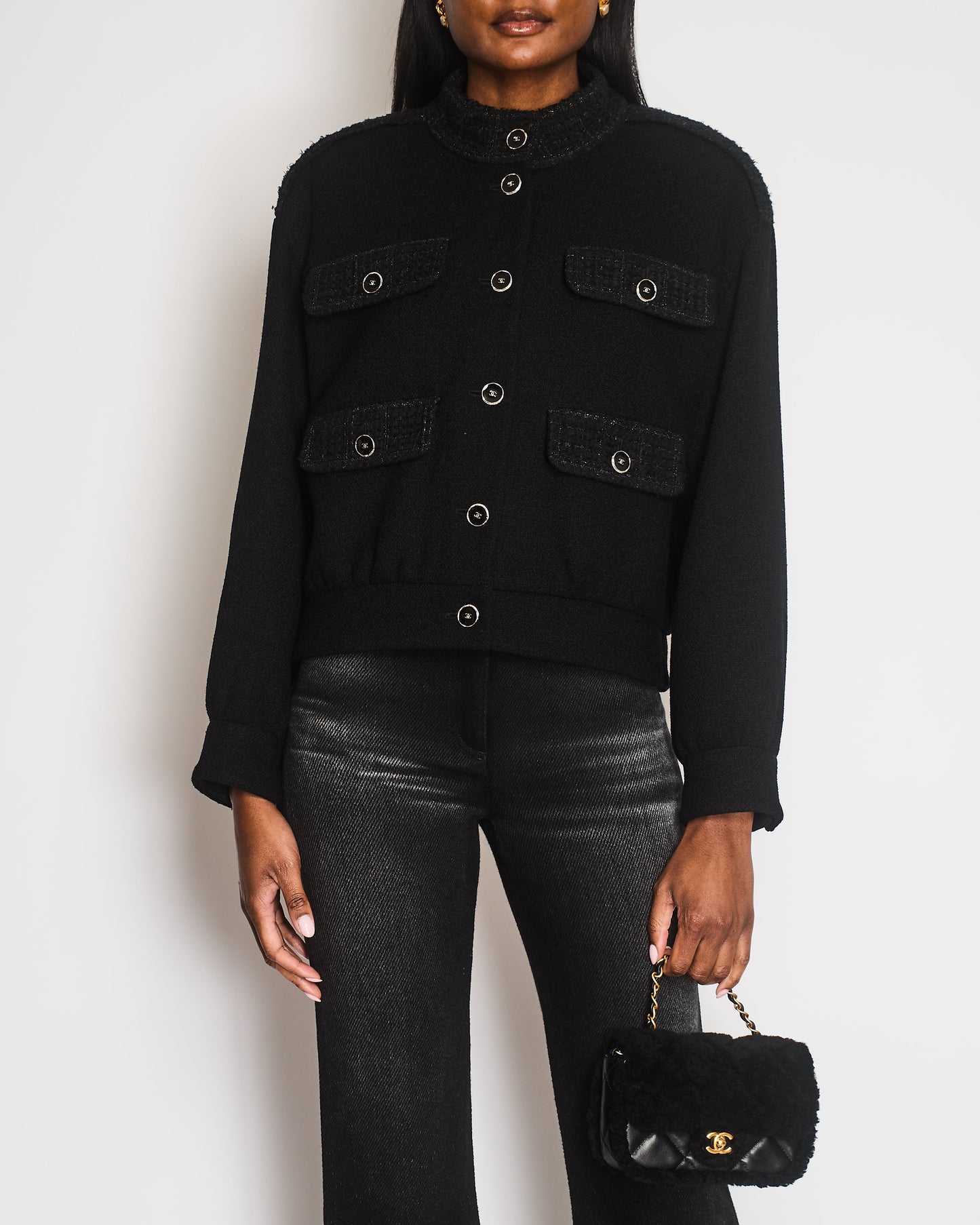 Chanel Black Wool Bomber Jacket with Tweed Details and CC Logo Buttons Detail Size FR 42 (UK 14)