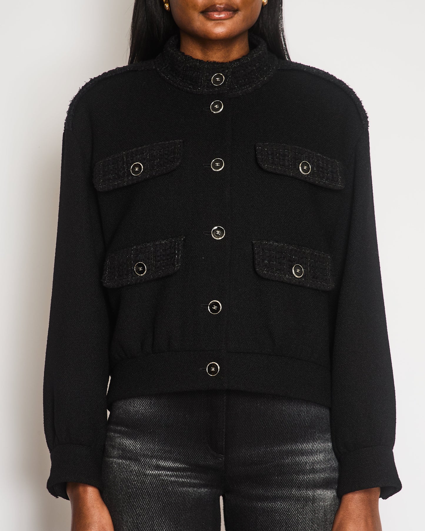 Chanel Black Wool Bomber Jacket with Tweed Details and CC Logo Buttons Detail Size FR 42 (UK 14)