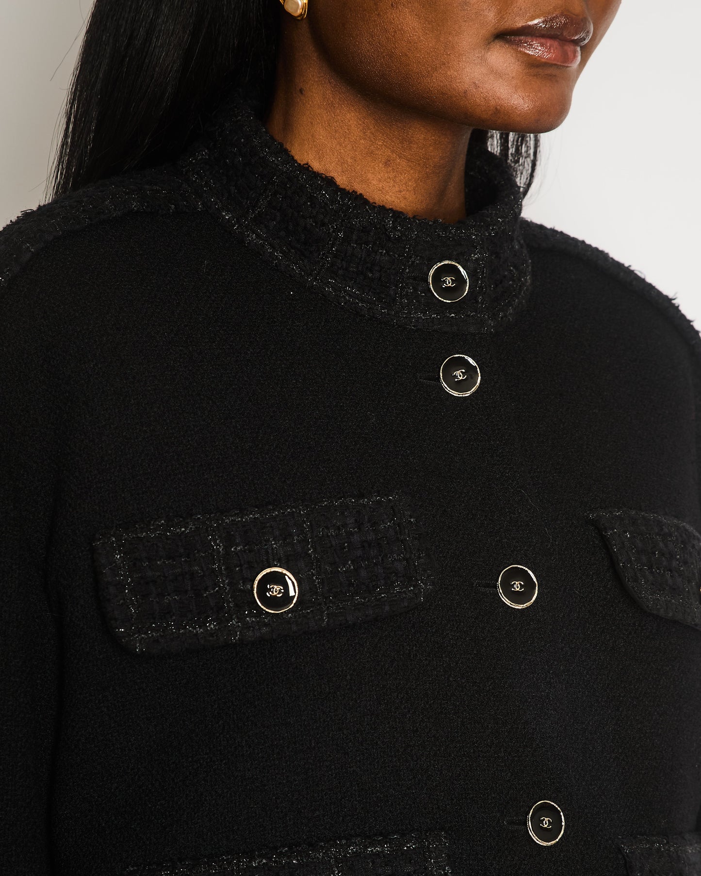 Chanel Black Wool Bomber Jacket with Tweed Details and CC Logo Buttons Detail Size FR 42 (UK 14)