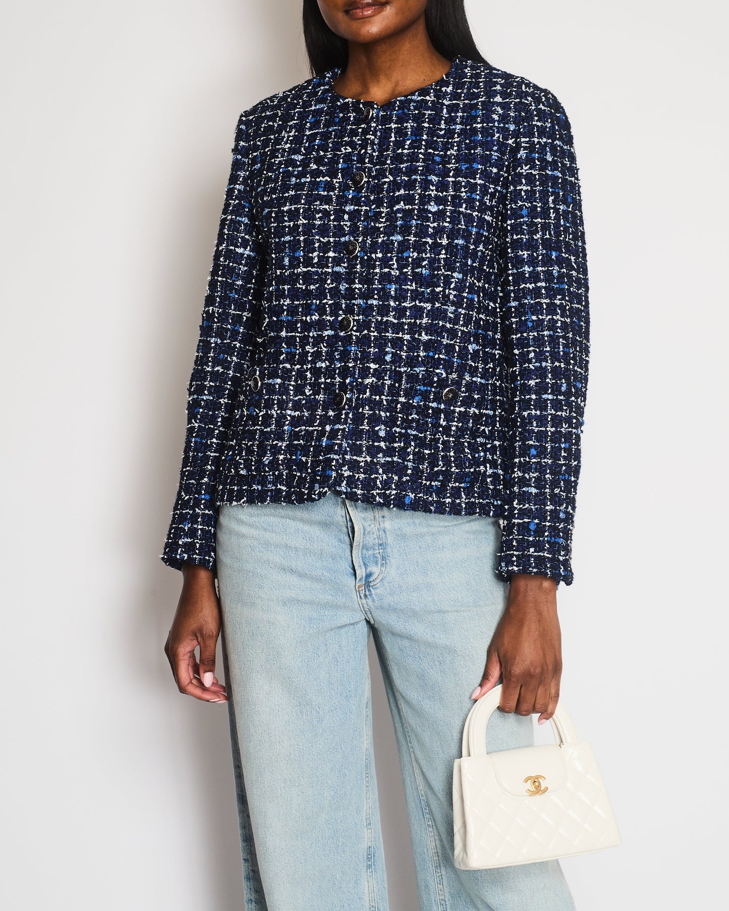 Chanel 24 Blue, Black and White Check Tweed Jacket with Pockets and Black Logo Buttons Size FR 42 (UK 14)