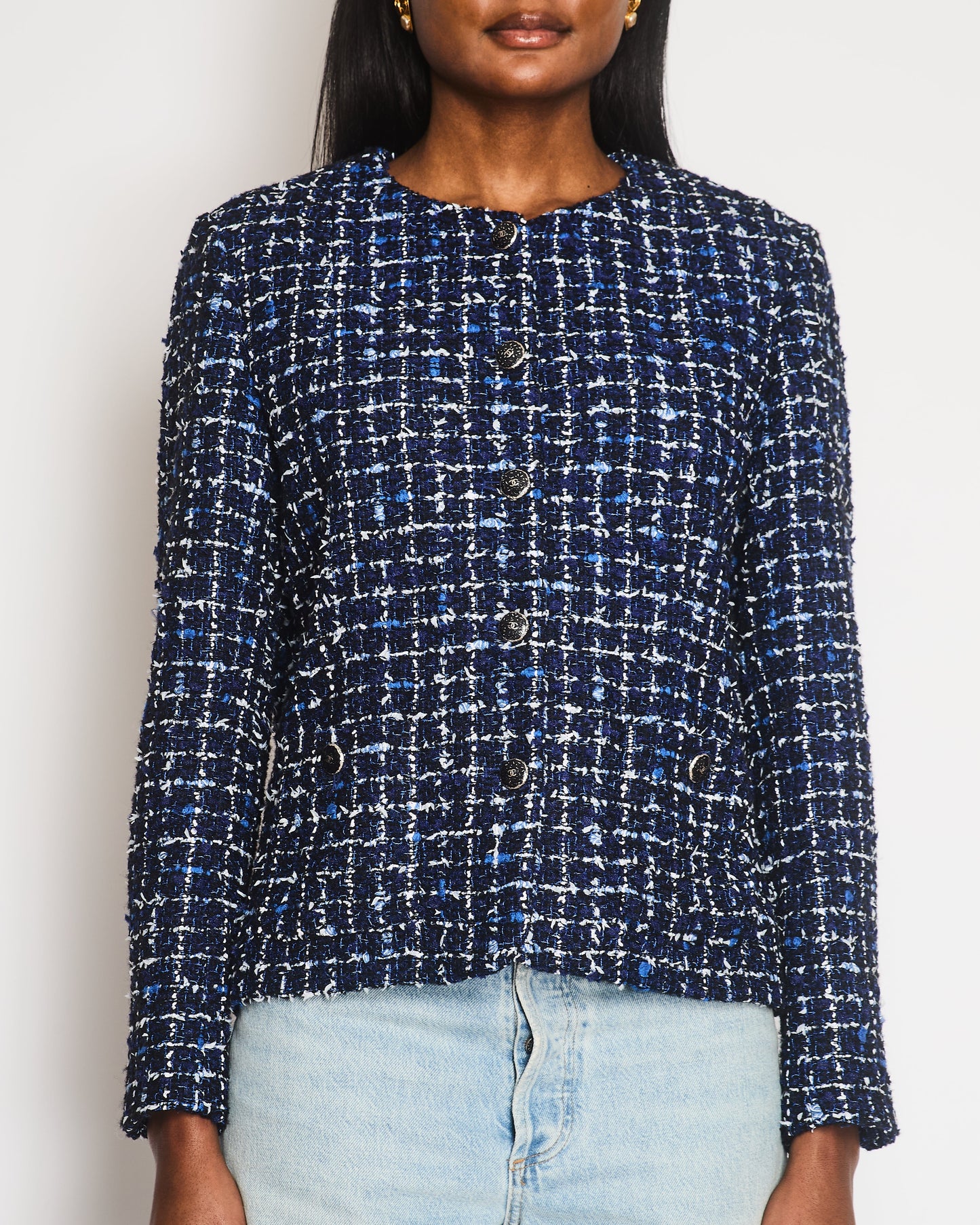 Chanel 24 Blue, Black and White Check Tweed Jacket with Pockets and Black Logo Buttons Size FR 42 (UK 14)
