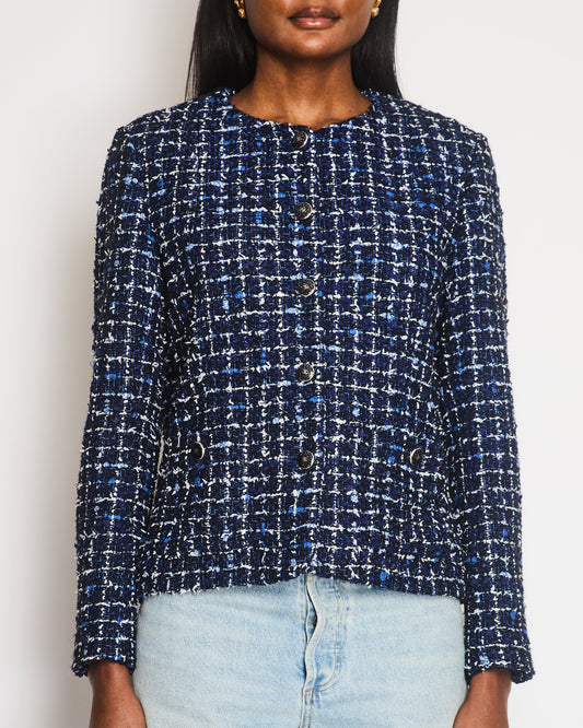 Chanel 24 Blue, Black and White Check Tweed Jacket with Pockets and Black Logo Buttons Size FR 42 (UK 14)