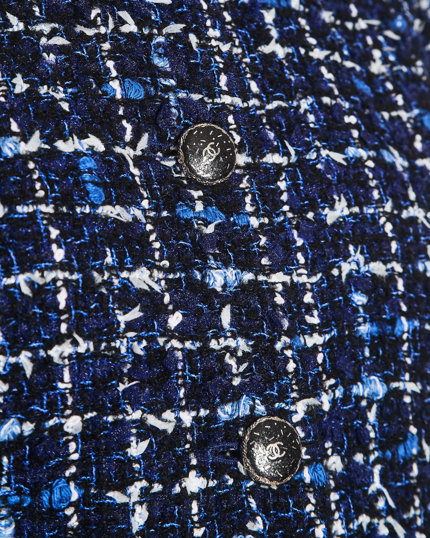 Chanel 24 Blue, Black and White Check Tweed Jacket with Pockets and Black Logo Buttons Size FR 42 (UK 14)