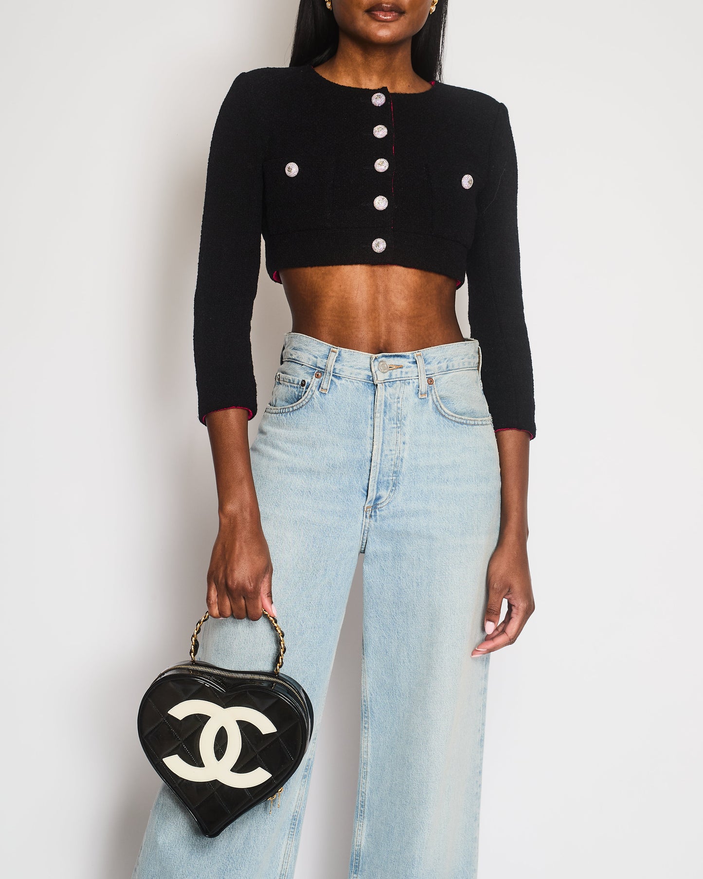 Chanel 21K Black Tweed Cropped Long Sleeve Jacket with Silver Crystal Logo Buttons and Pocket Detail Size FR 36 (UK 8)