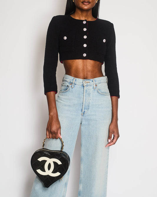 Chanel 21K Black Tweed Cropped Long Sleeve Jacket with Silver Crystal Logo Buttons and Pocket Detail Size FR 36 (UK 8)