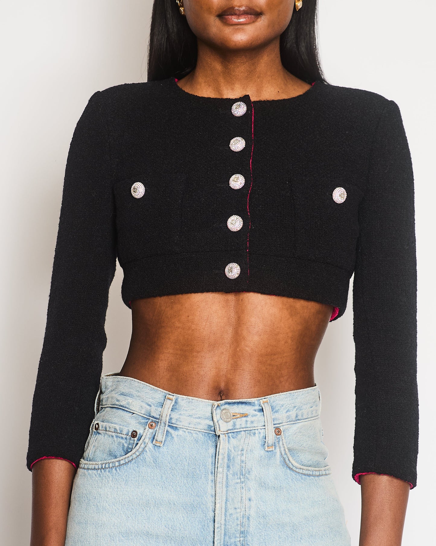 Chanel 21K Black Tweed Cropped Long Sleeve Jacket with Silver Crystal Logo Buttons and Pocket Detail Size FR 36 (UK 8)