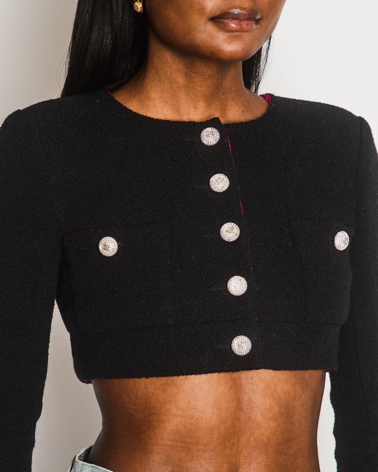 Chanel 21K Black Tweed Cropped Long Sleeve Jacket with Silver Crystal Logo Buttons and Pocket Detail Size FR 36 (UK 8)