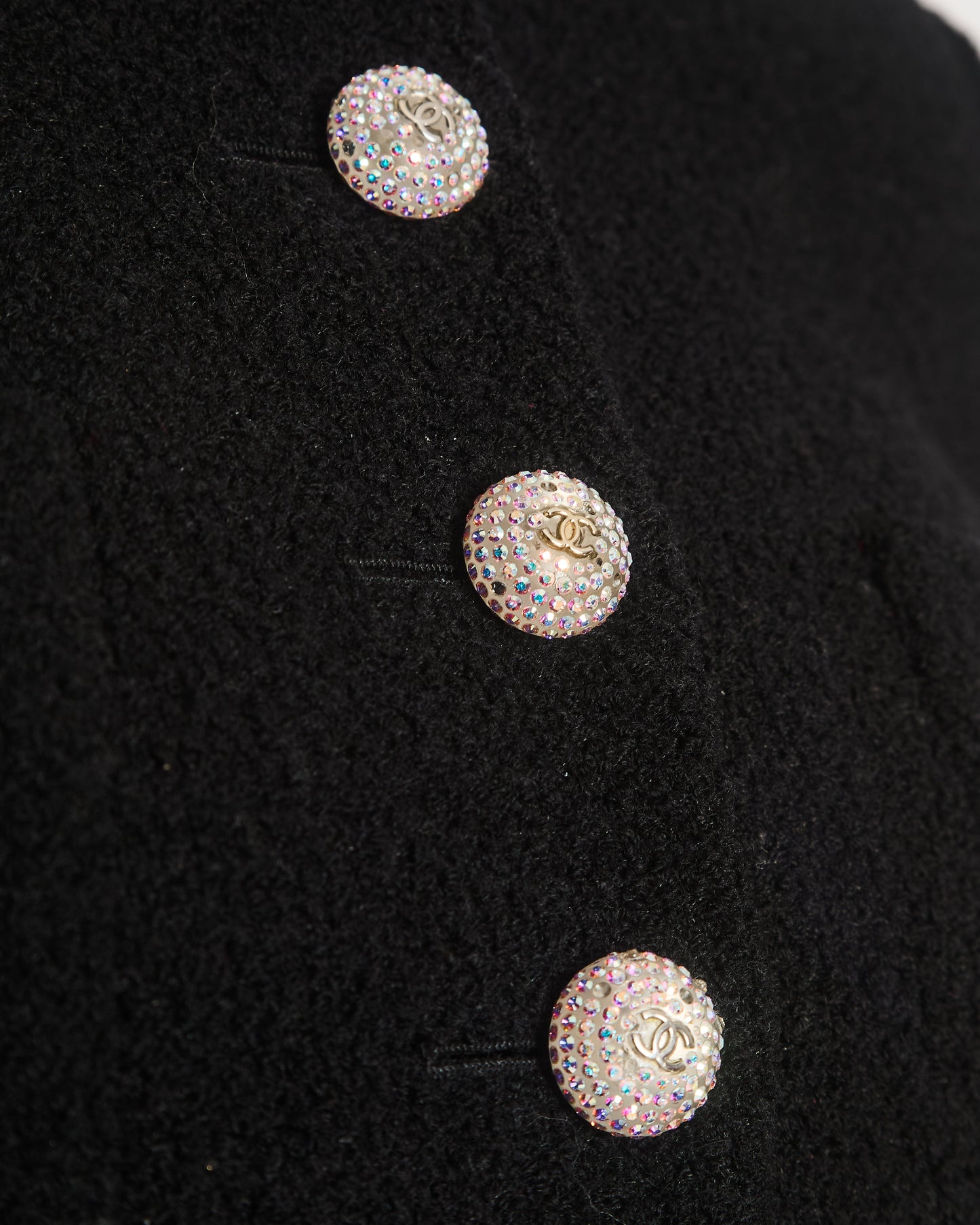 Chanel 21K Black Tweed Cropped Long Sleeve Jacket with Silver Crystal Logo Buttons and Pocket Detail Size FR 36 (UK 8)