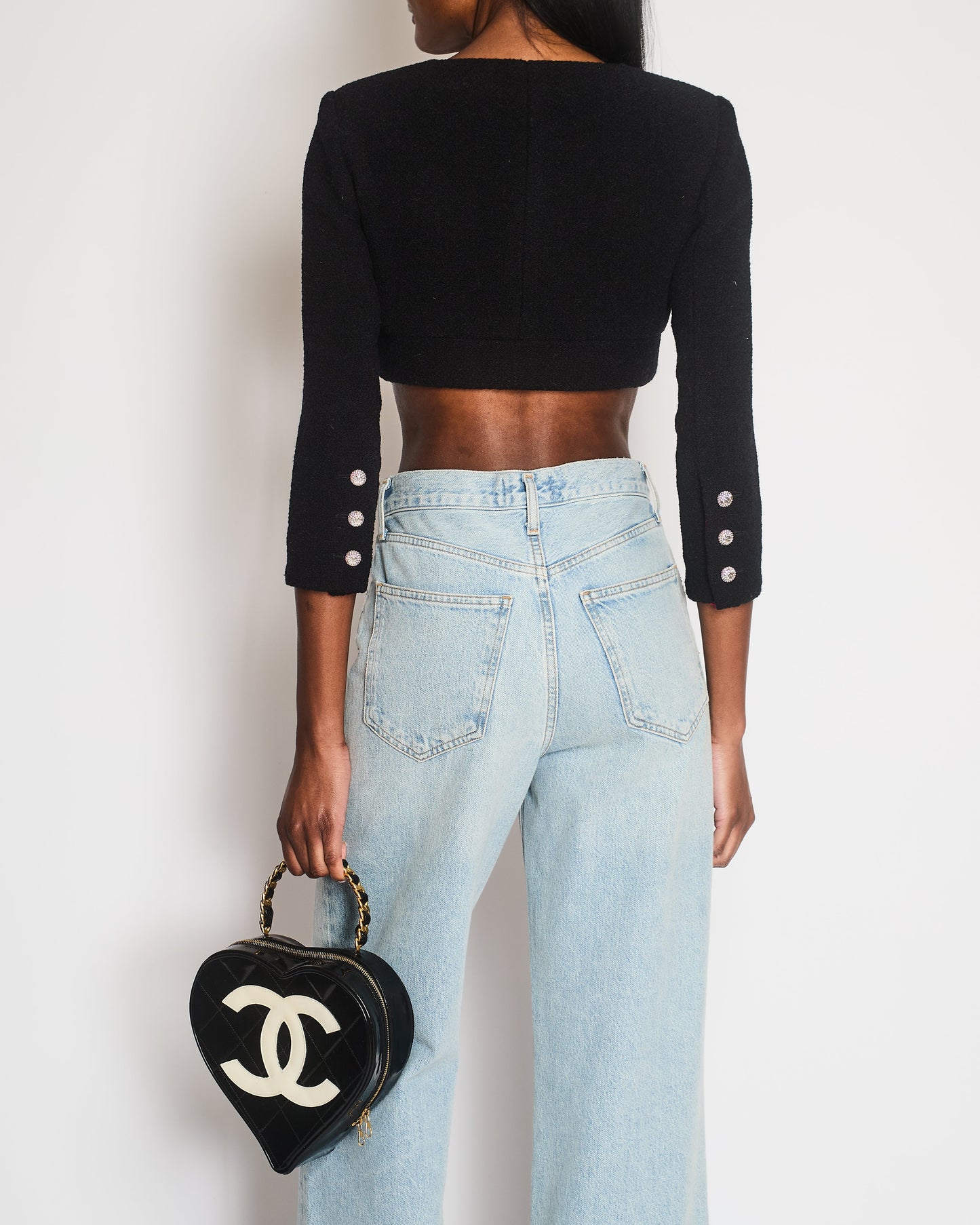 Chanel 21K Black Tweed Cropped Long Sleeve Jacket with Silver Crystal Logo Buttons and Pocket Detail Size FR 36 (UK 8)