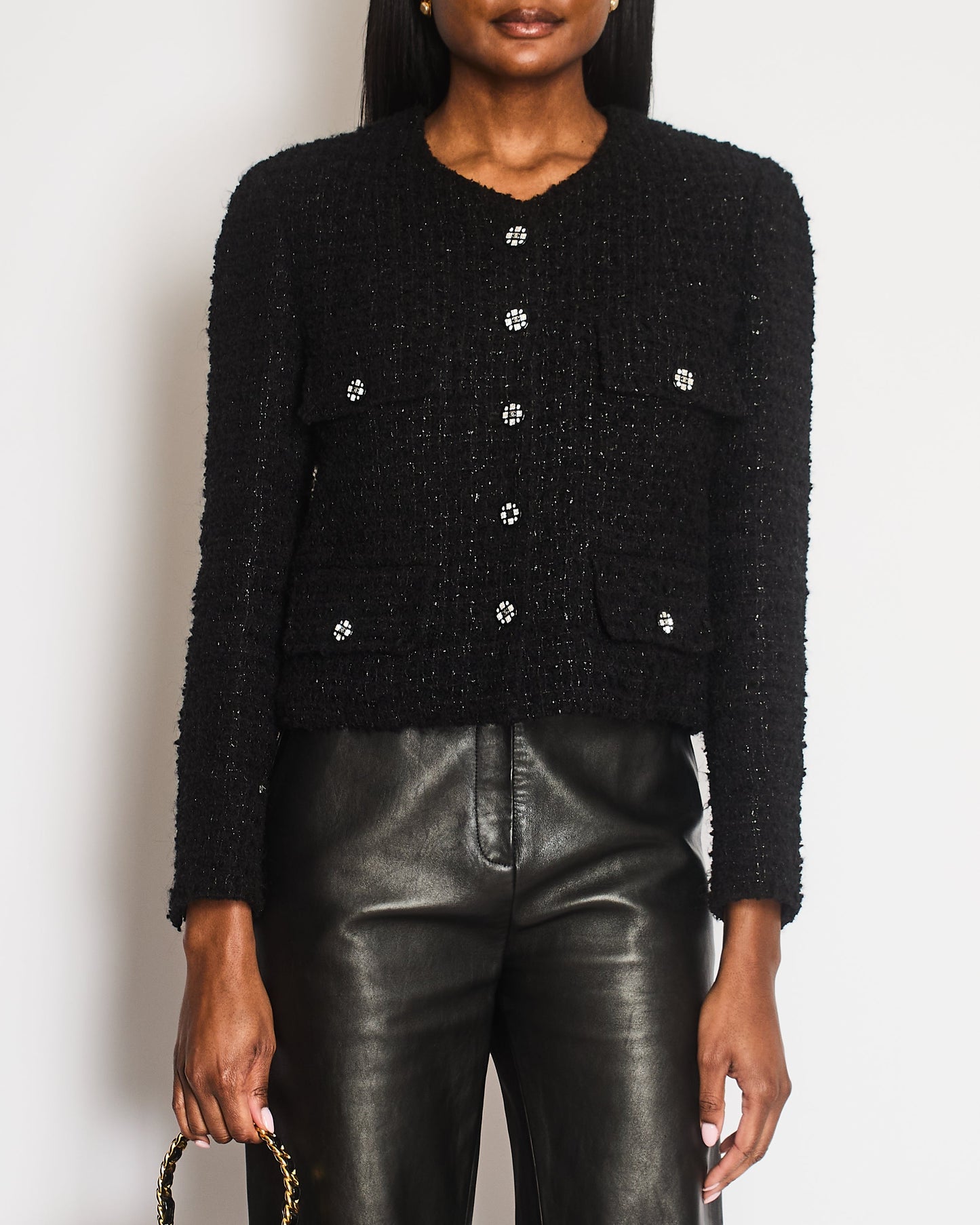 *HOT* Chanel 21K Black Metallised Tweed Jacket with Silver Crystal CC Buttons and Pockets Detailing Size FR 38 (UK 10)