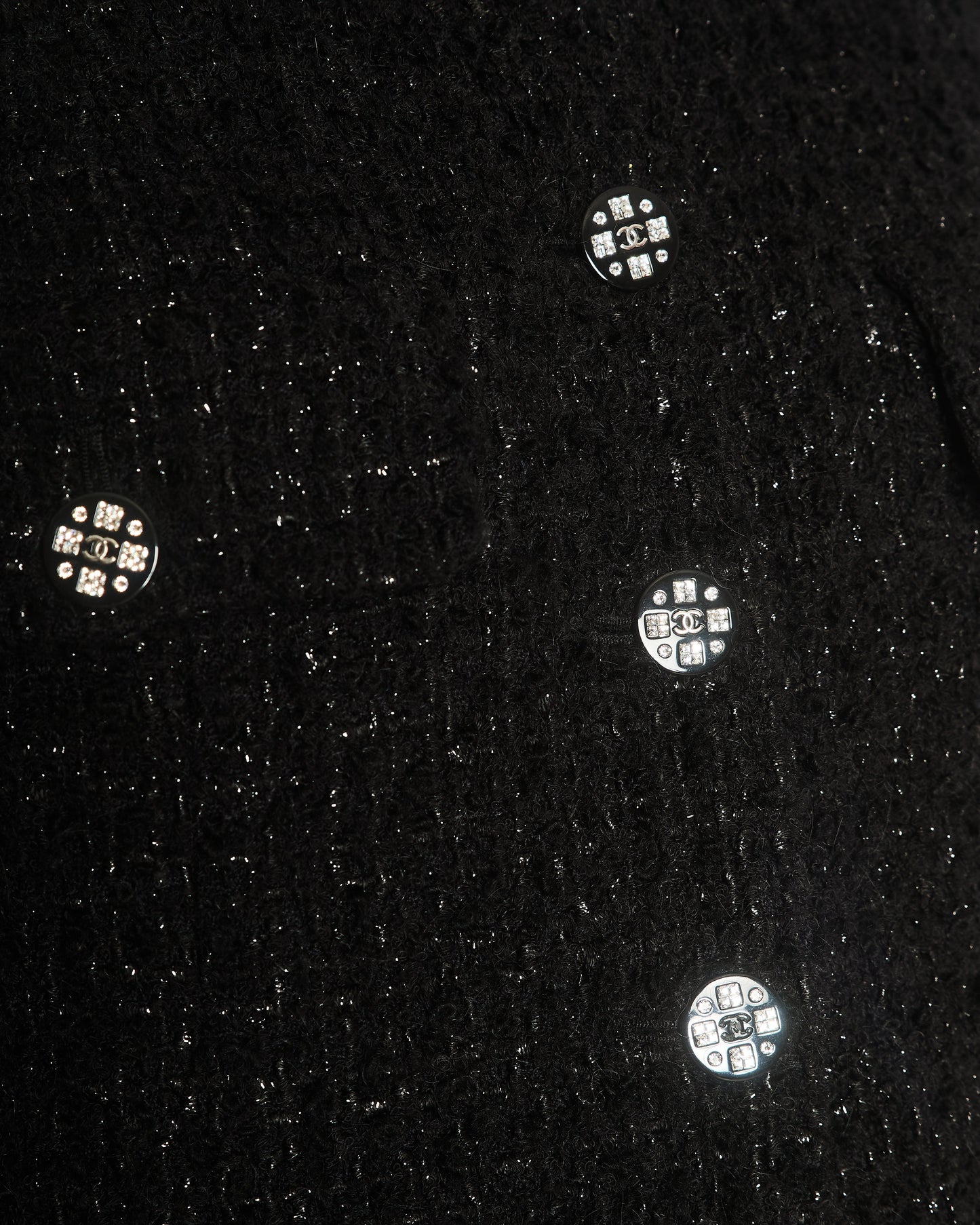 *HOT* Chanel 21K Black Metallised Tweed Jacket with Silver Crystal CC Buttons and Pockets Detailing Size FR 38 (UK 10)