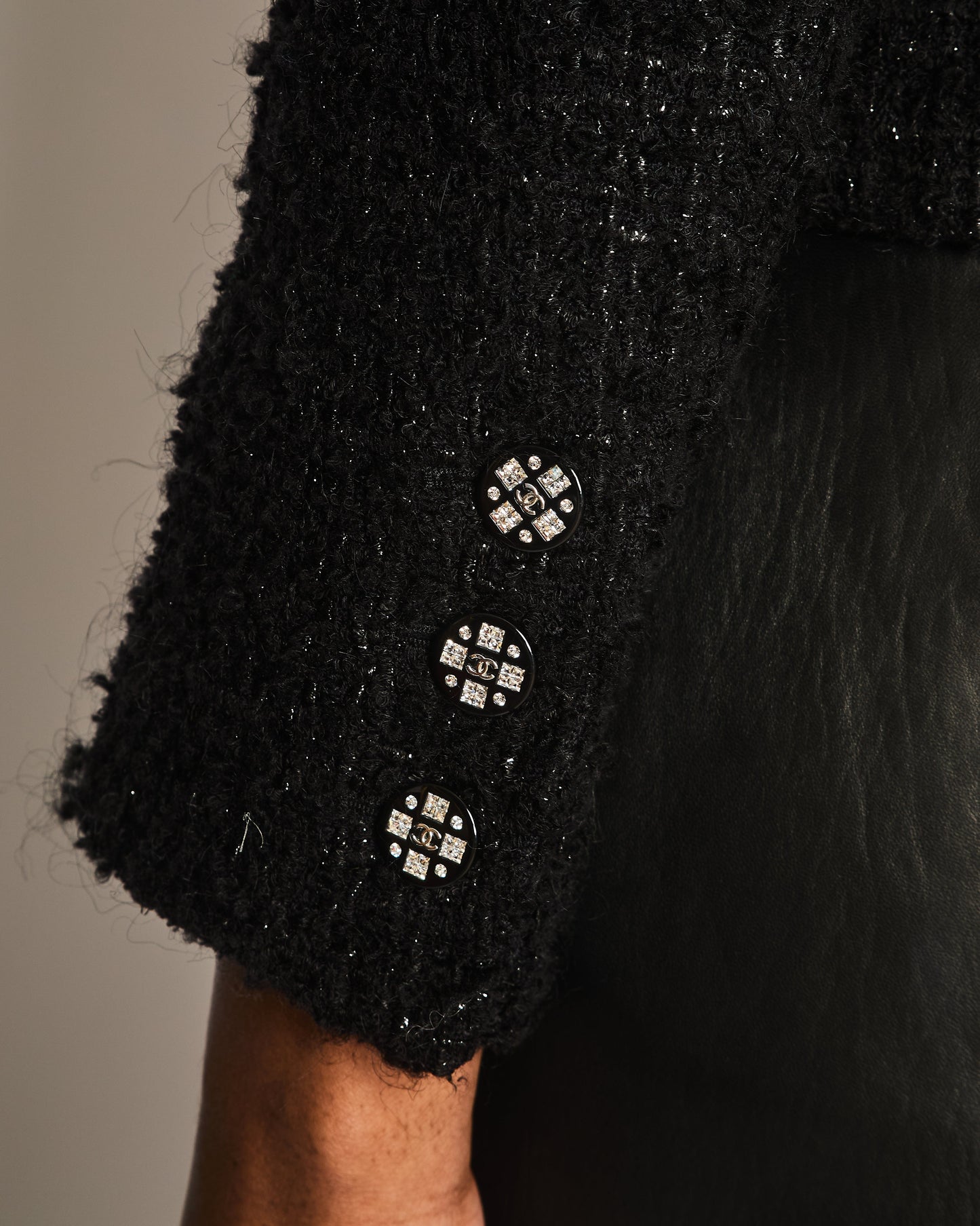 *HOT* Chanel 21K Black Metallised Tweed Jacket with Silver Crystal CC Buttons and Pockets Detailing Size FR 38 (UK 10)