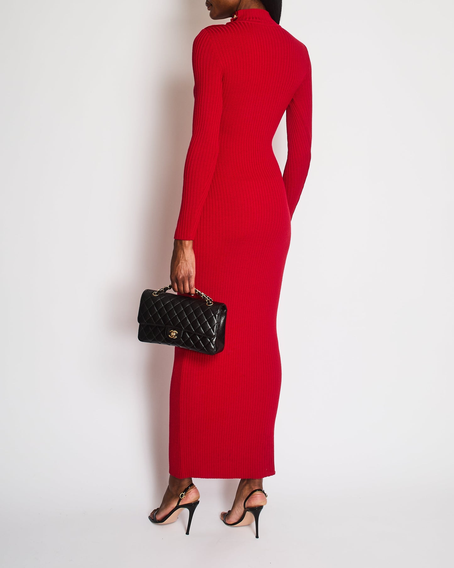 Balmain High Neck Red Knitted Maxi Dress with Gold Button Detail Size FR 38 (UK 10)