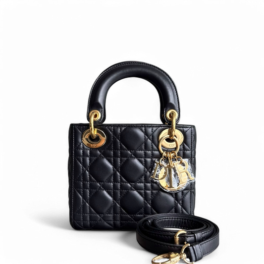 Dior Lady Mini - Cannage Lambskin Black Gold Hardware Adjustable Strap