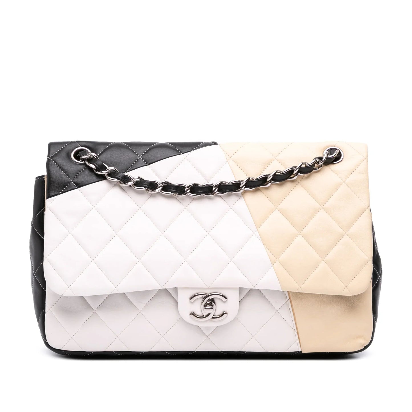 Brown Chanel Jumbo Classic Tricolor Lambskin Colorblock Double Flap Shoulder Bag