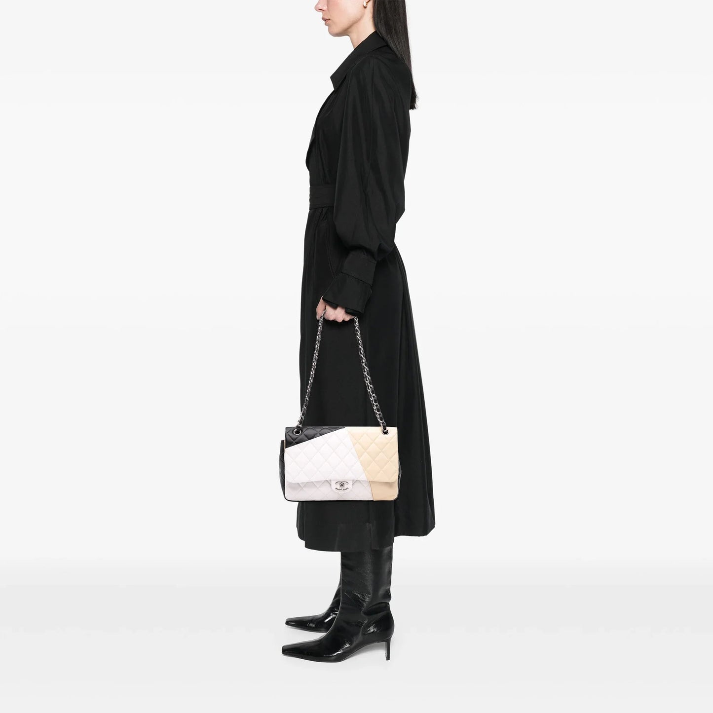 Brown Chanel Jumbo Classic Tricolor Lambskin Colorblock Double Flap Shoulder Bag
