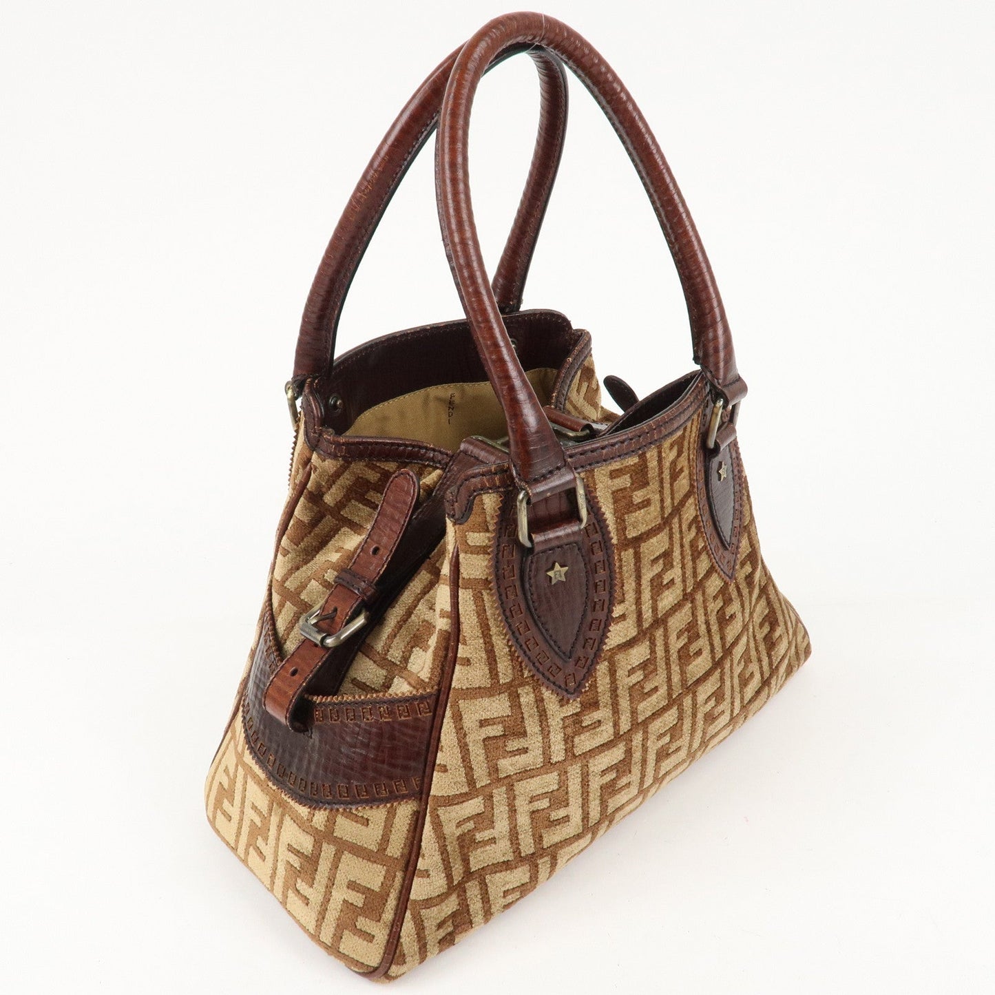 FENDI Ethnico Zucca Canvas Leather Tote Bag Brown 8BN157  d