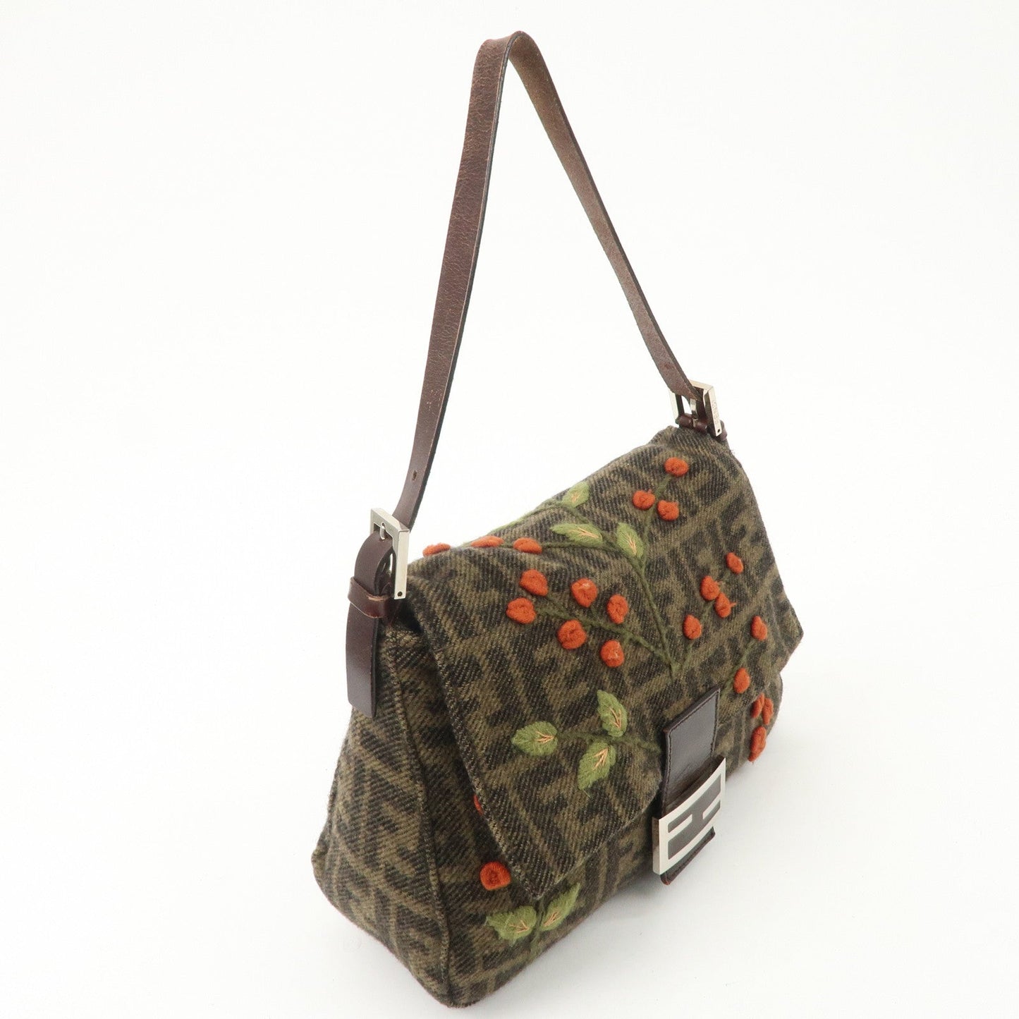 FENDI Mamma Baguette Wool Leather Shoulder Bag Tree Motif Khaki  d
