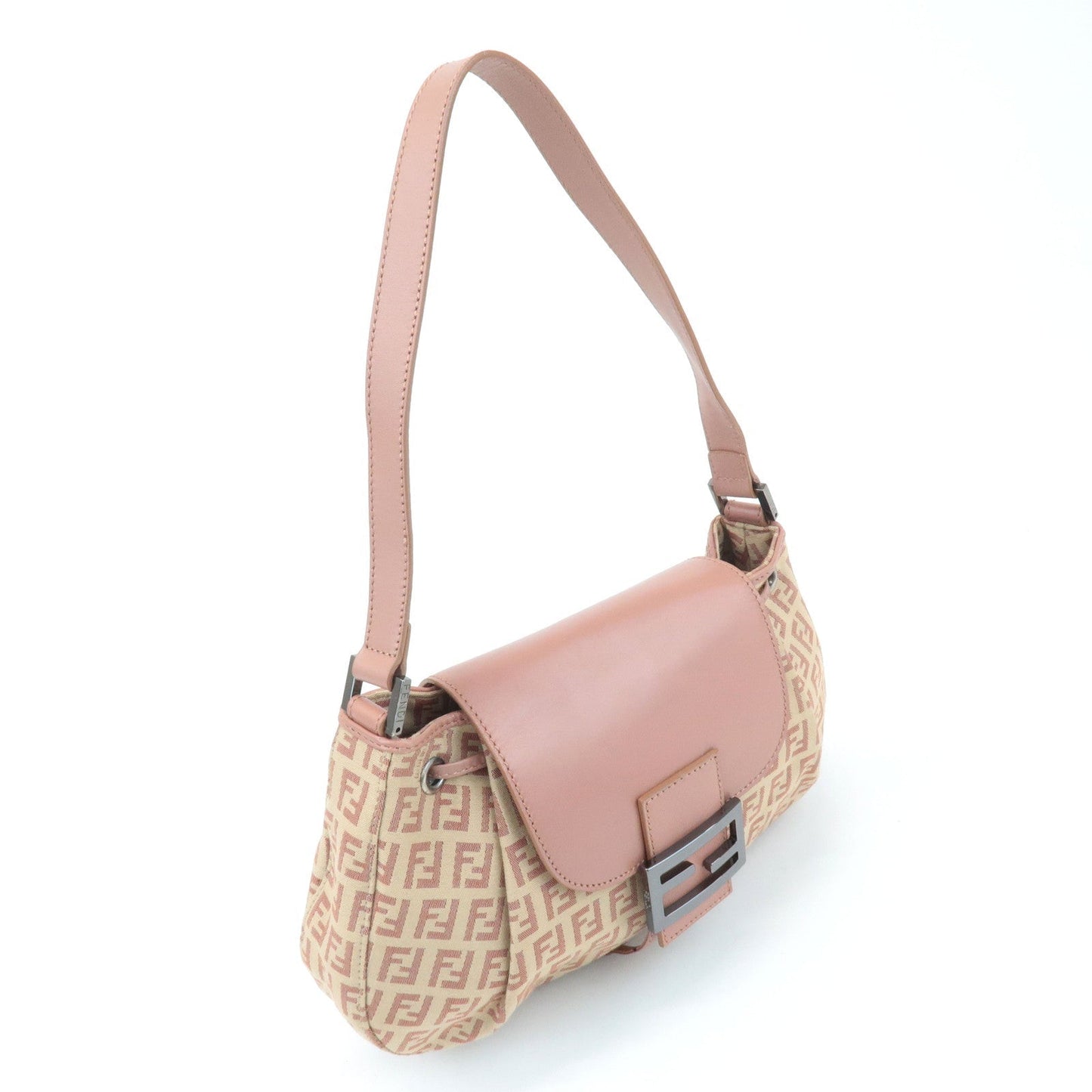 FENDI Zucchino Canvas Leather Shoulder Bag Beige Pink 8BR282  d