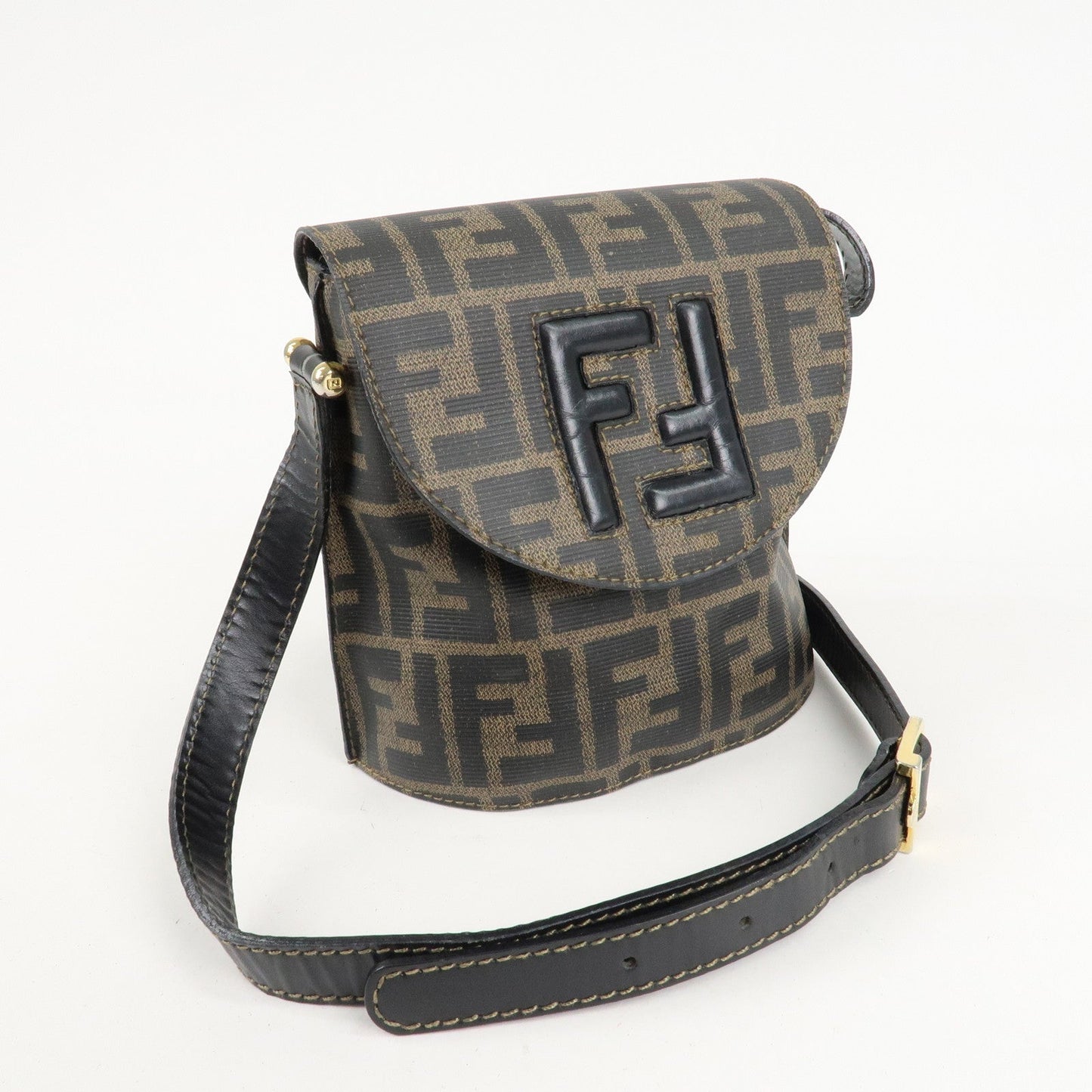 FENDI Zucca Logo Print PVC Leather Shoulder Bag Black Brown  d