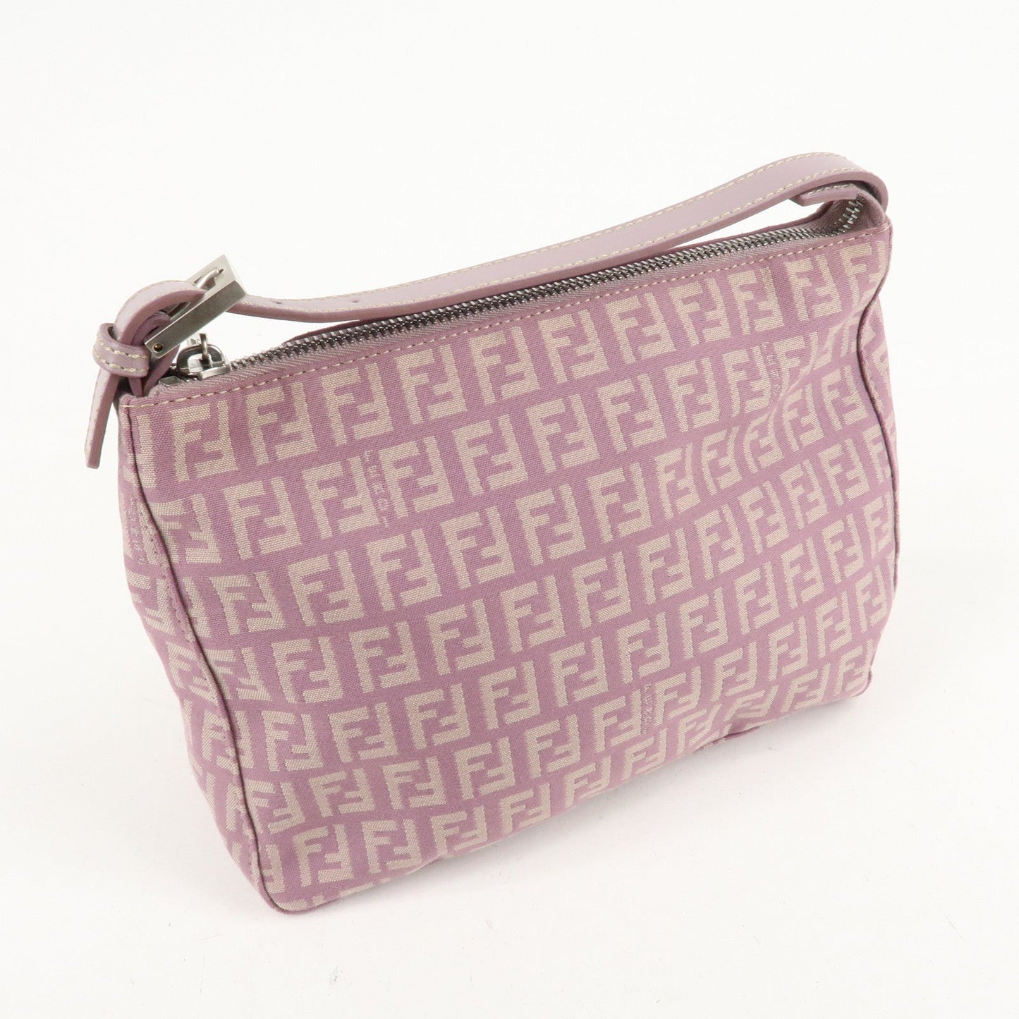 Auth FENDI  Zucchino Canvas Leather Hand Bag Pouch Purple Beige 8N0005  d F/S  d