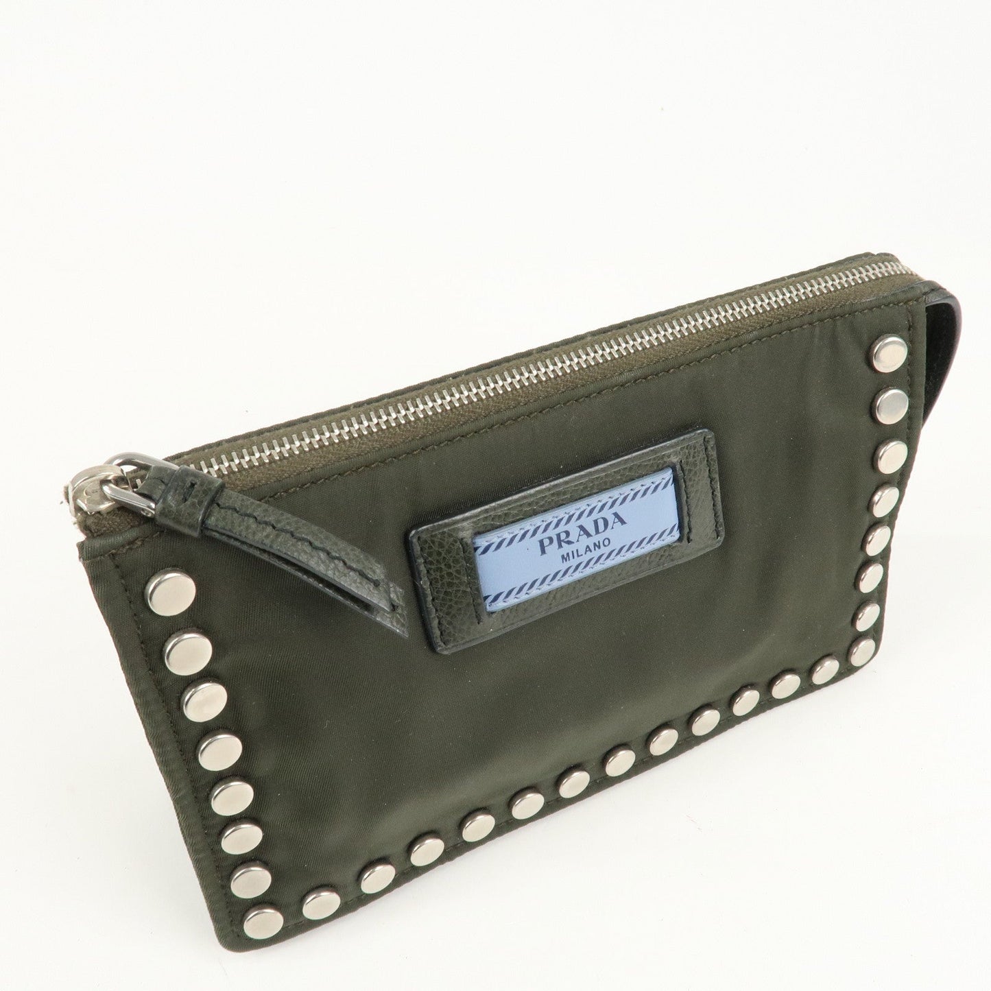 PRADA Tessuto Travel Pouch Studs Military Silver HDW  d