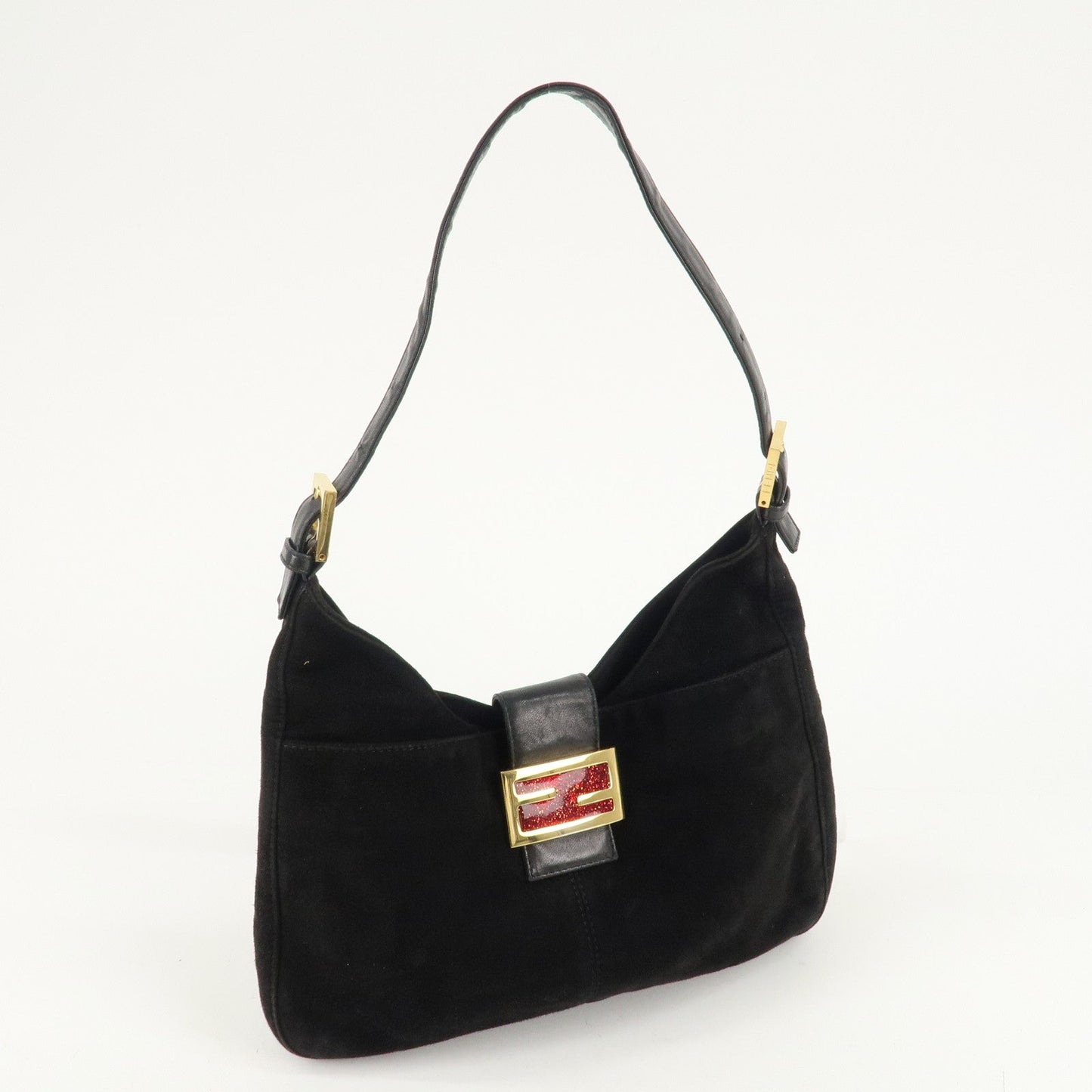 FENDI Suede Leather Shoulder Bag Black 26569  d