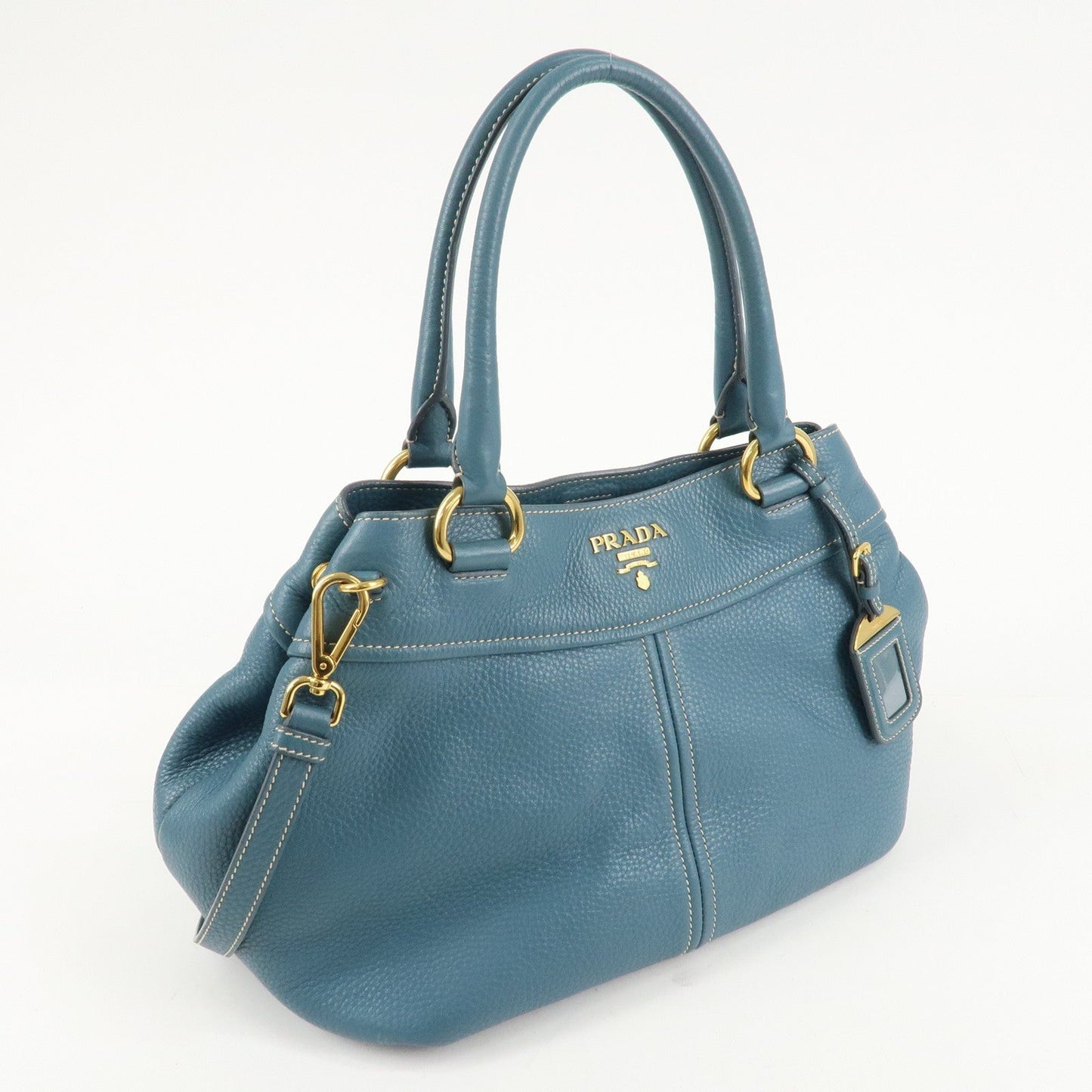 PRADA Leather 2Way Bag Hand Bag Shoulder Bag Blue Gold HDW  d