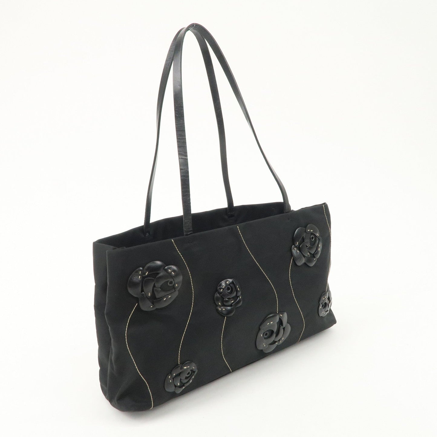PRADA Traiangle Logo Nylon Leather Flower Tote Bag Black B11033  d
