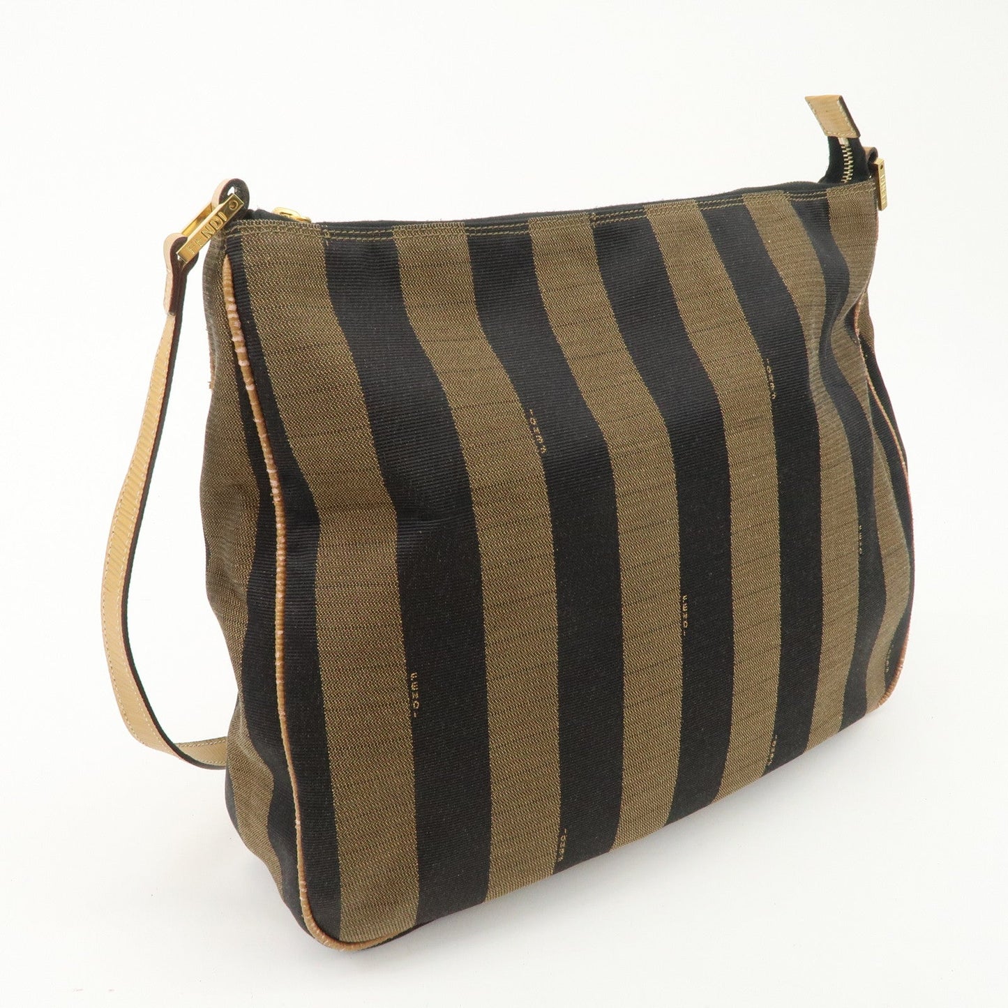 FENDI Pequin Canvas Leather Shoulder Bag Brown Black  d