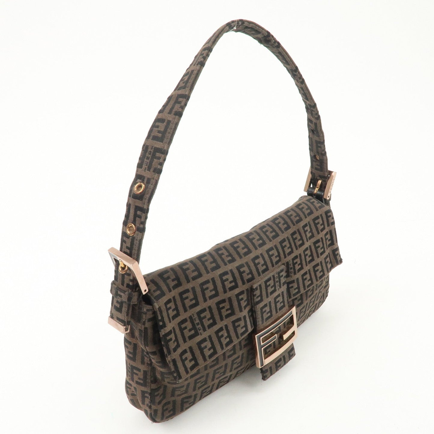 FENDI Mamma Baguette Canvas Shoulder Bag Brown Black 26424  d