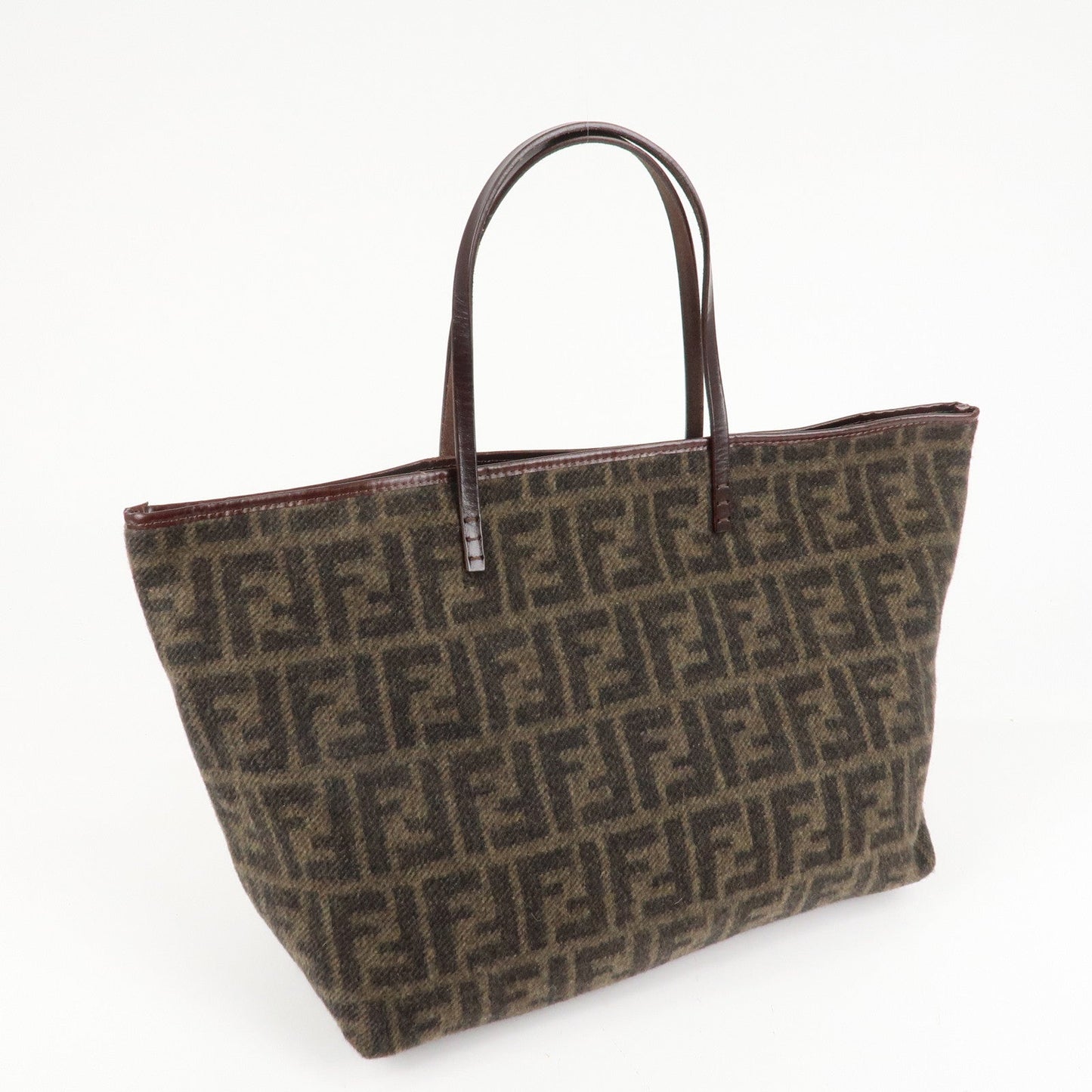 FENDI Zucca Wool Leather Tote Bag Khaki Black Dark Brown  d